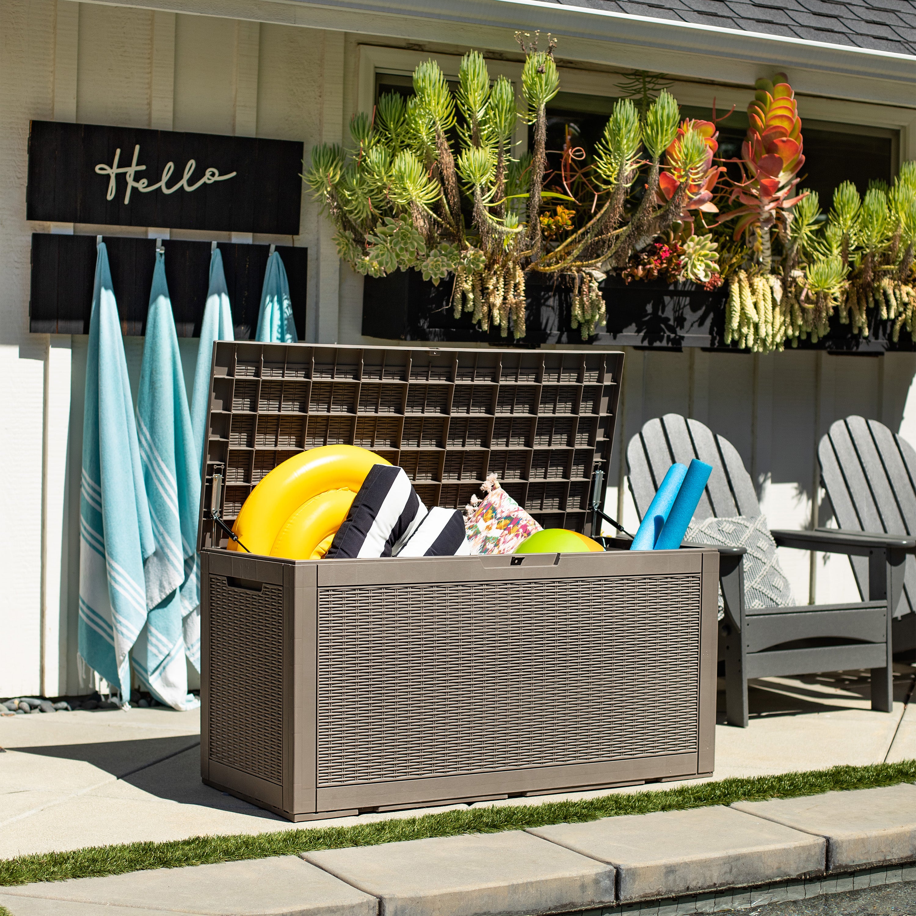 Lockable 100 Gallon Outdoor Deck Storage Box - Waterproof Faux Rattan Design by Sunnydaze - Perfect for Patio, Garden & Poolside Storage