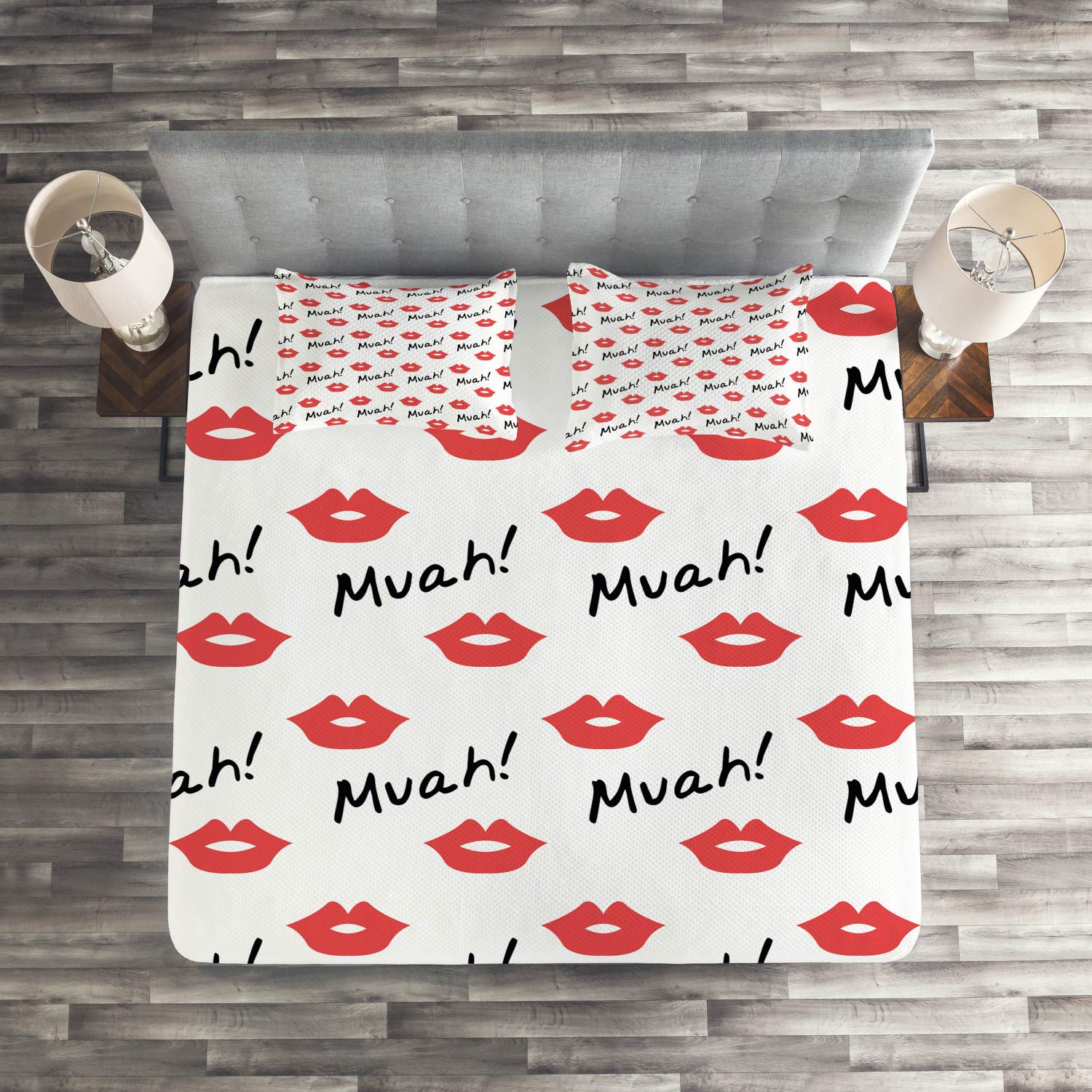 Ambesonne King Size 3-Piece Quilted Bedspread Set - Red Lips Kiss Marks Romantic Design with 2 Pillow Shams | Valentine's Day Gift, Feminine Bedroom Decor | Perfect for Master Bedroom, Guest Room & Romantic Getaways (Vermilion & White)