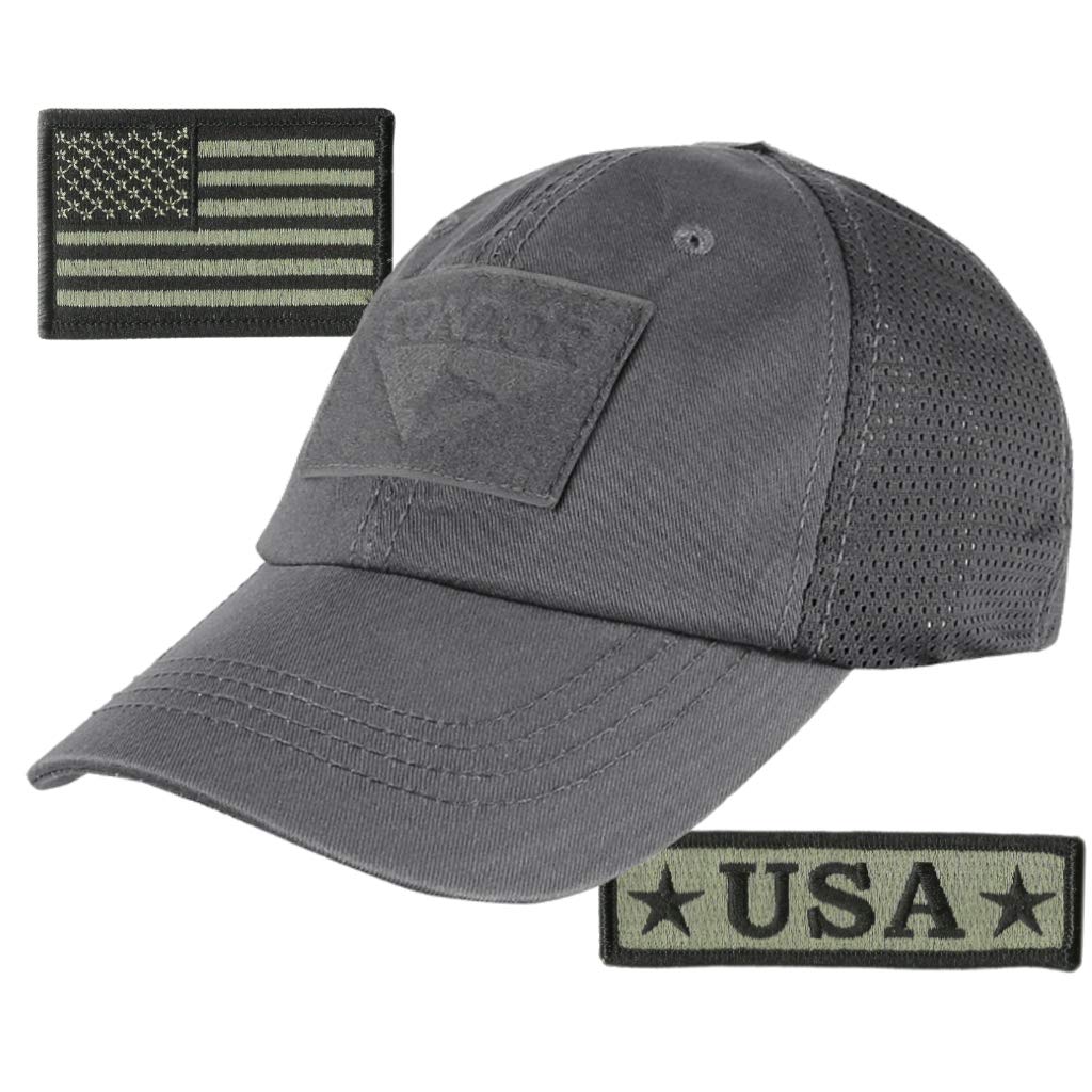 USA Tactical Patches Bundle with Condor Operator Cap - Military Style Hook & Loop Morale Patches & Mesh Baseball Hat for Outdoor, Airsoft, Hunting & Tactical Enthusiasts