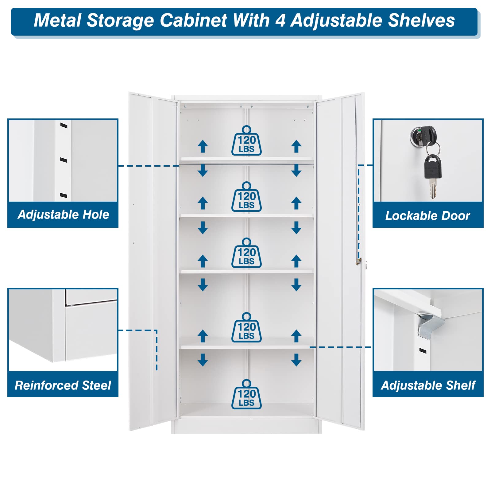 71-inch Tall Metal Garage Storage Cabinet with Adjustable Shelves & Locking Doors - Heavy Duty Tool Cabinet for Garage, Office, Home, School & Gym Organization (White) - Perfect for Storing Tools, Equipment & Supplies Safely