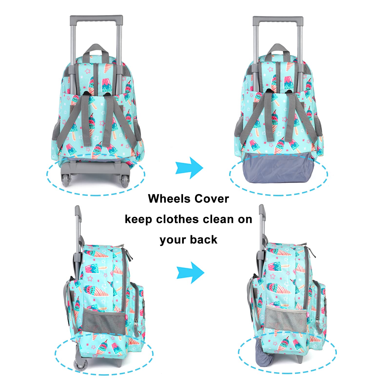 Tilami 18 Inch Rolling Backpack for Kids with Double Handle & Lunch Bag - Wheeled School Backpack, Ice Cream Green - Perfect for School, Travel, and Daily Commute