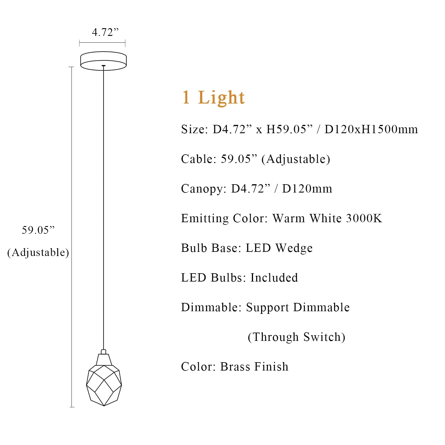 Modern Brass Dimmable Crystal Pendant Light - 4.72