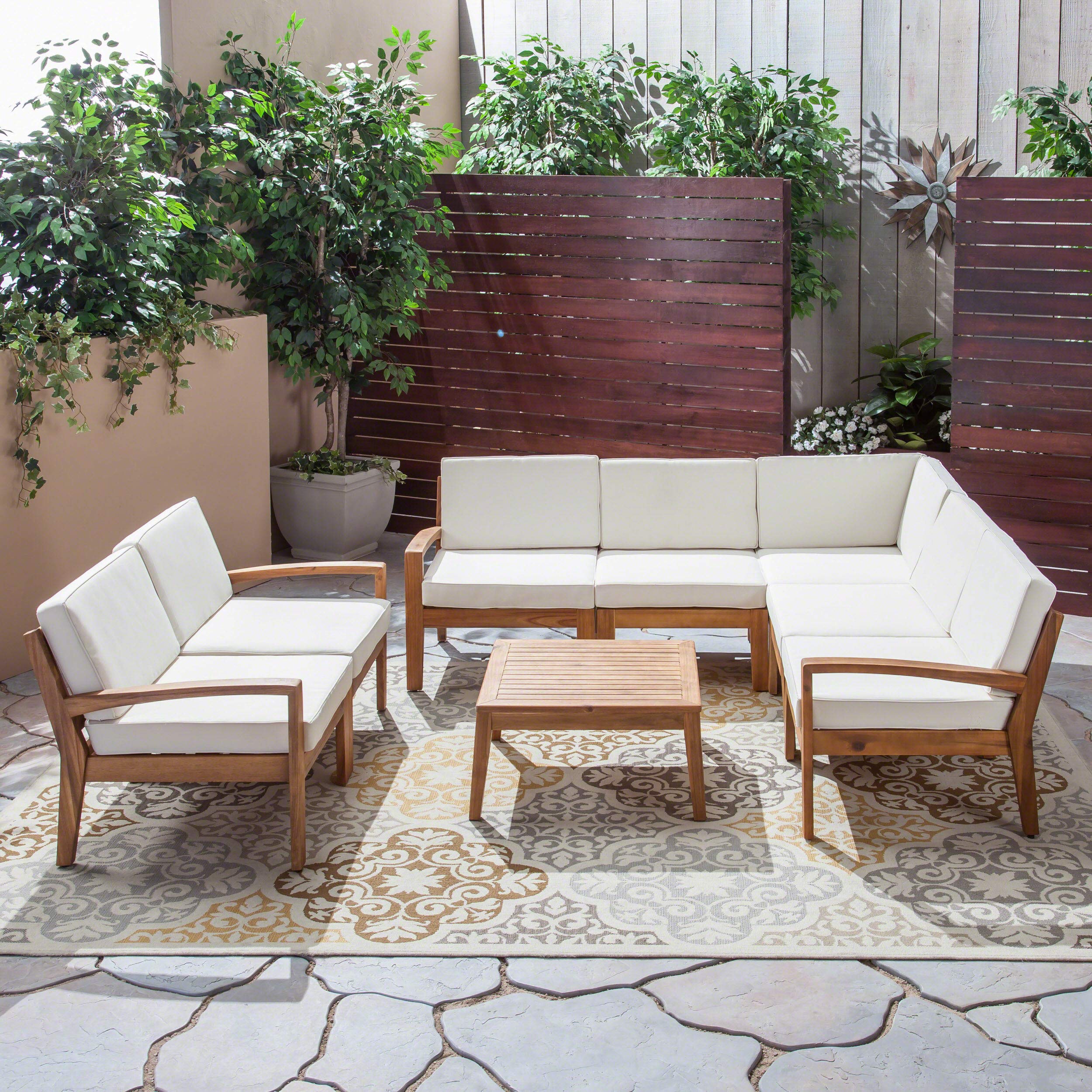 Premium 7-Piece Acacia Wood Patio Sectional Sofa Set with Cushions & Coffee Table - Weather-Resistant Teak Finish & Cream Cushions for Outdoor Lounge, Garden, Poolside or Deck Relaxation