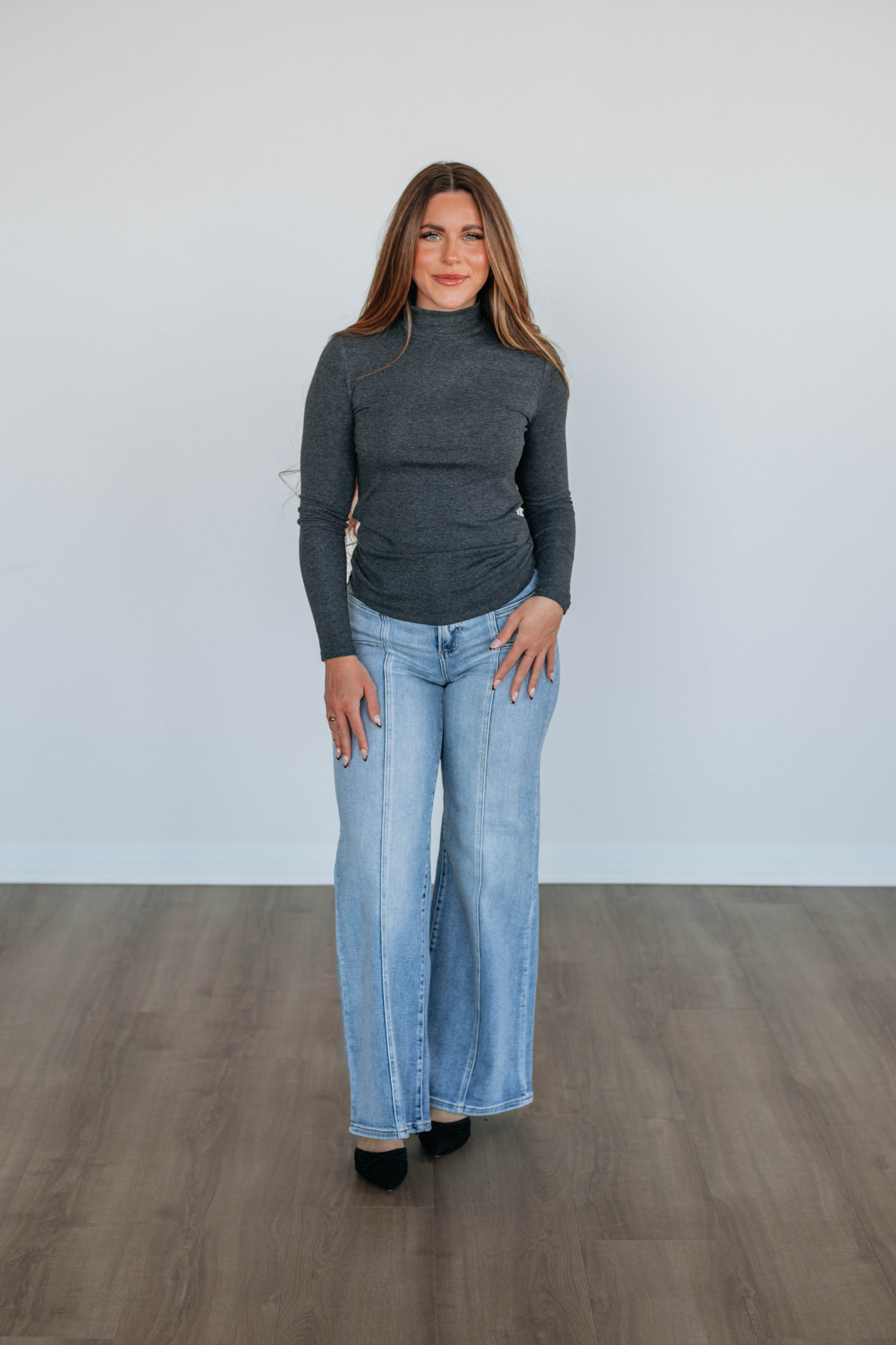 Evelina Mock Neck Top for Women - Soft Stretch Charcoal Blouse for Work & Casual Wear | Office Outfit & Everyday Fashion