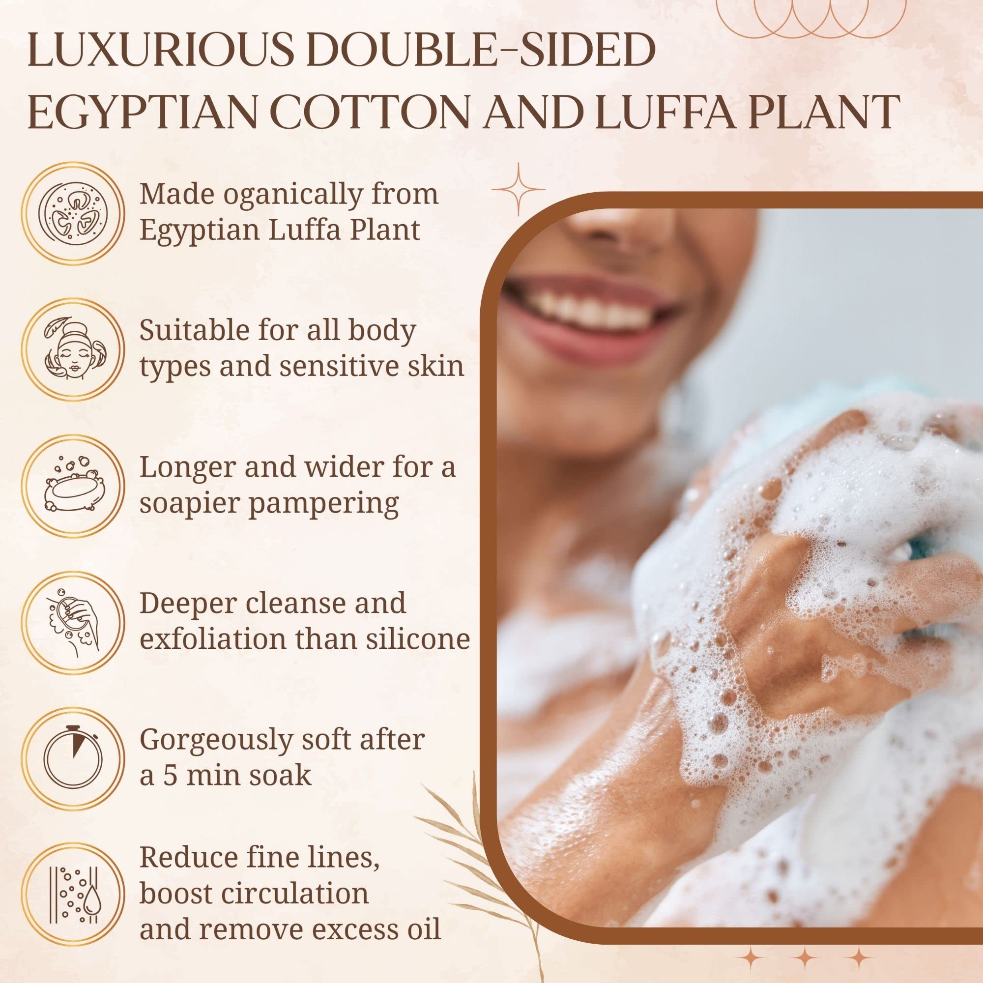 2 Pack Natural Egyptian Loofah Bath Sponge & Exfoliating Body Scrubber Mittens - Eco-Friendly Biodegradable Shower Washcloth for Face, Back & Body Care - Perfect for Daily Exfoliation & Spa-Like Skin Renewal at Home