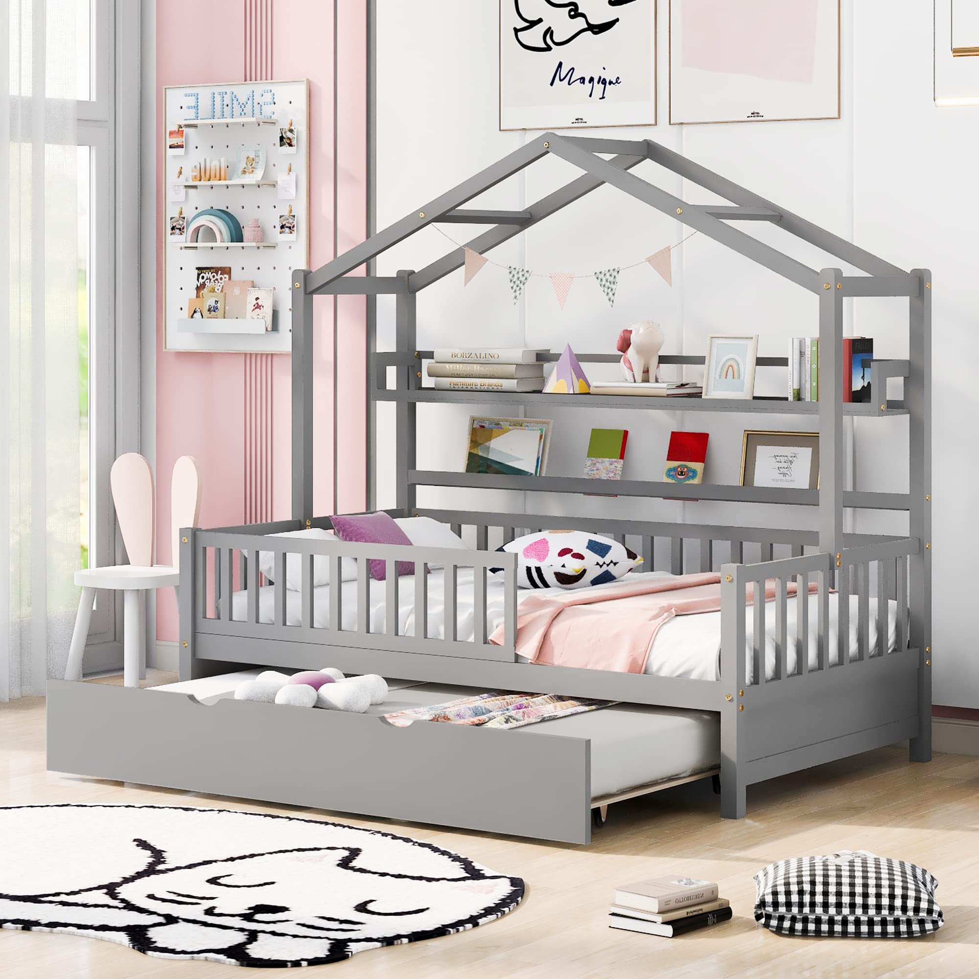 MERITLINE Twin Size House Bed with Trundle and Storage Shelves - Montessori Platform Bed Frame with Safety Rails & Roof for Kids, Teens, Boys & Girls (Grey) | Perfect for Bedrooms, Playrooms & Montessori Learning Spaces