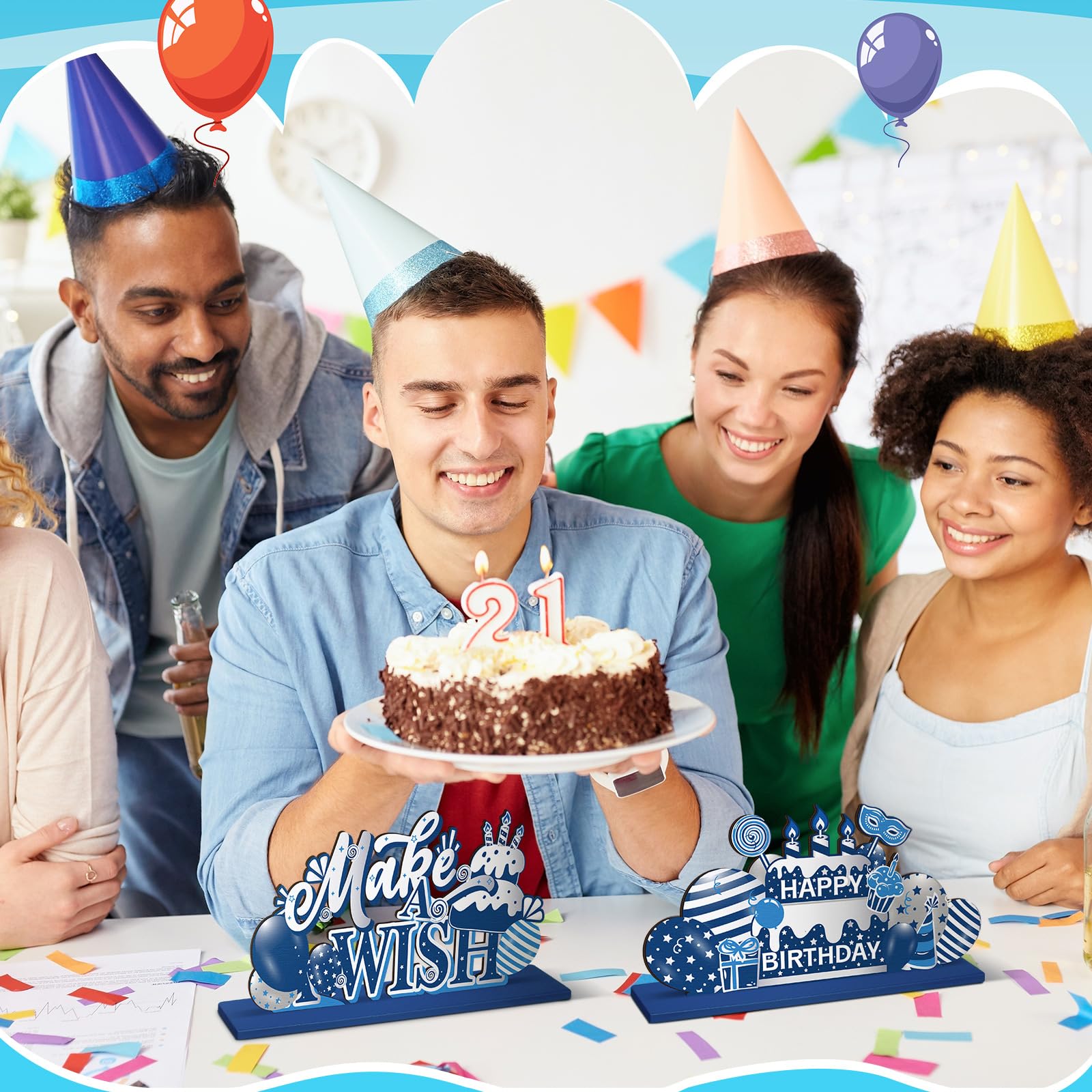 Hoolerry 6-Piece Wooden Birthday Party Decorations Set - Blue and Silver Table Centerpieces for Men & Women | Perfect for Birthday Celebrations, Anniversaries & Special Events