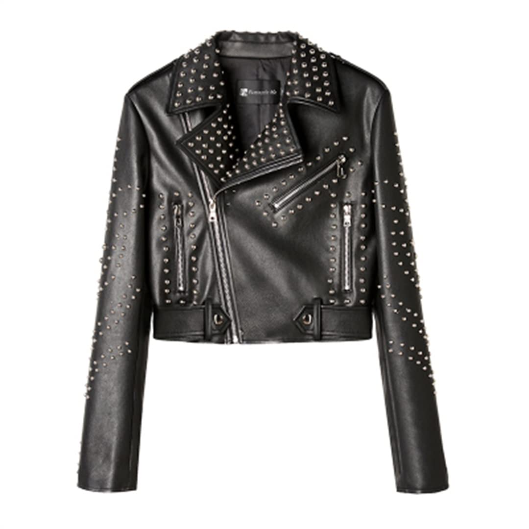 Women's Faux Leather Jacket - Punk Style Turn-Down Collar Motorcycle Coat with Rivet Details | Streetwear Fashion for Casual Outings, Nightlife & Urban Style