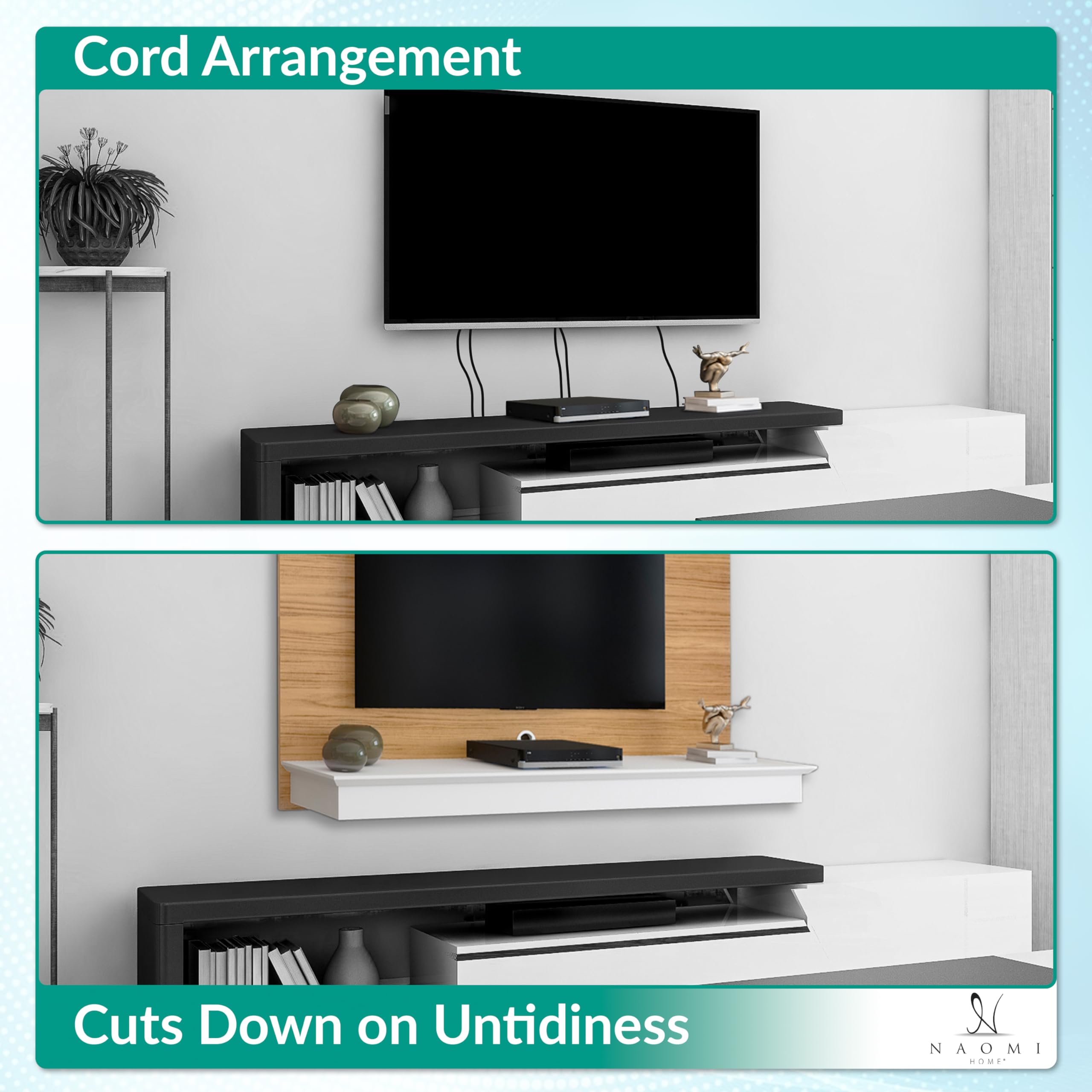 Naomi Home Deborah Floating TV Stand for 55 Inch TVs - Wall Mount Entertainment Center with LED Lights & Storage Shelf - Modern White & Natural Wood Finish - Perfect for Living Room, Bedroom & Home Theater Setup