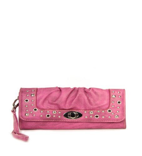 Stylish Pink Studded Turnlock Wristlet Wallet for Women - Fashionable Crossbody Clutch for Parties, Shopping & Everyday Use