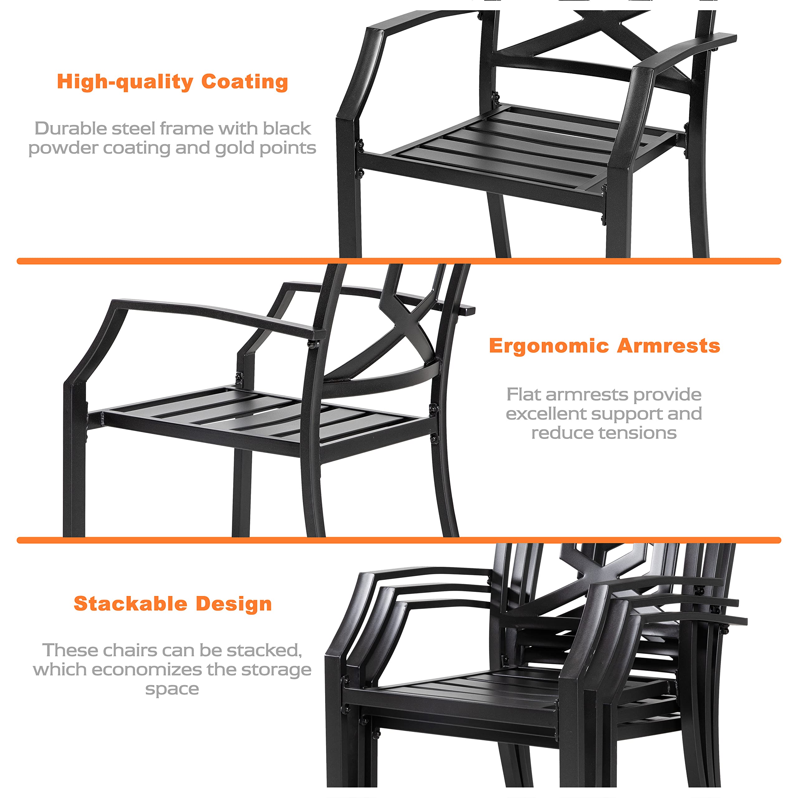 NUU GARDEN 5-Piece Black Wrought Iron Outdoor Dining Set with Square Table & 4 Stackable Chairs - Patio Furniture with Umbrella Hole for Lawn, Backyard, Balcony, Garden & Poolside Dining
