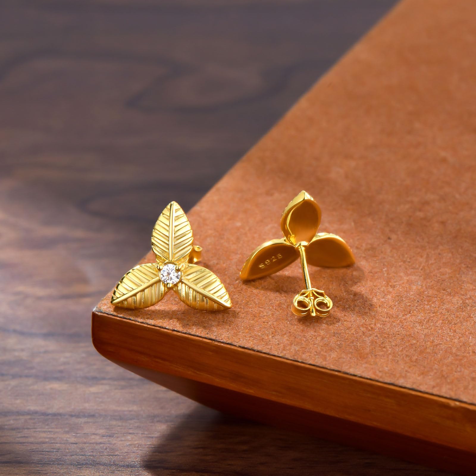 Moissanite Leaf Stud Earrings for Women - 925 Sterling Silver Gold Plated Three Leaf Earring Set with Genuine Moissanite | Perfect for Everyday Wear, Gift Giving & Special Occasions