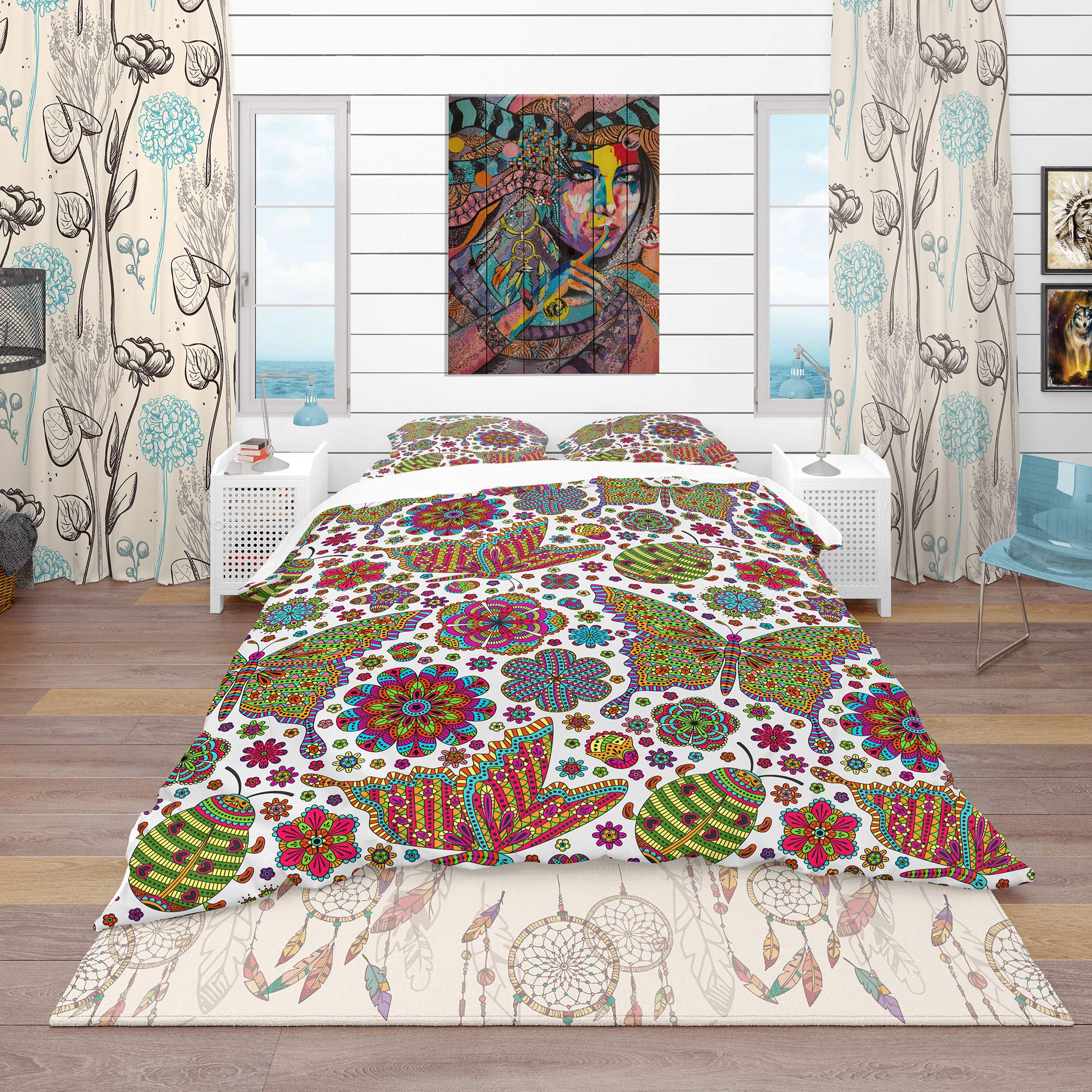 DesignQ Floral Butterfly Duvet Cover Set - Modern Bedding with Vibrant Flower & Butterfly Pattern - Perfect for Master Bedroom, Guest Room & Nursery Decor