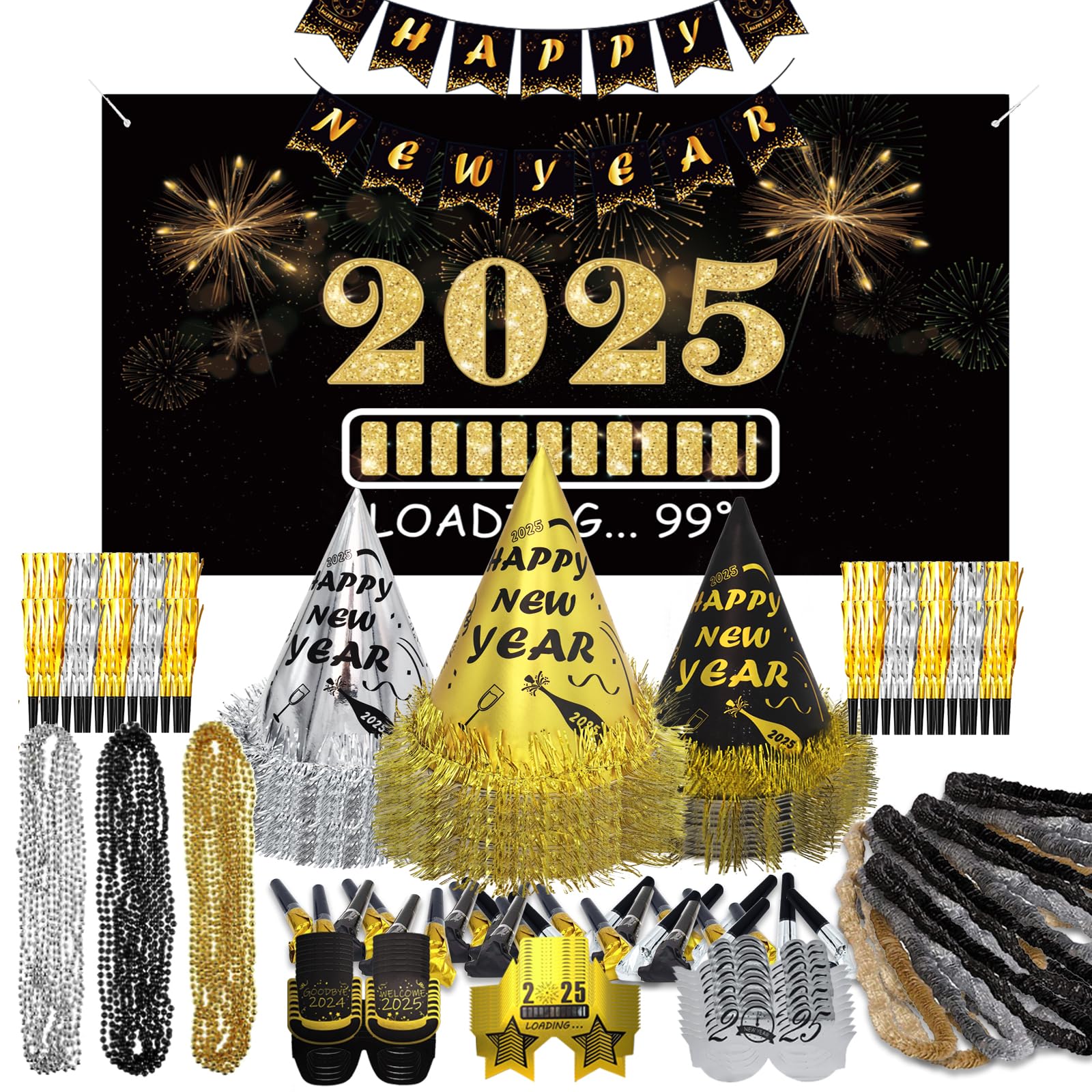 2025 New Year's Eve Party Supplies Kit for 100 Guests - 50 Hats, 50 Glasses, 50 LED Necklaces, 50 Noise Makers, 50 Blowouts & Happy New Year Banner - Perfect for Countdown Celebrations, Ball Drop Parties & NYE Gatherings