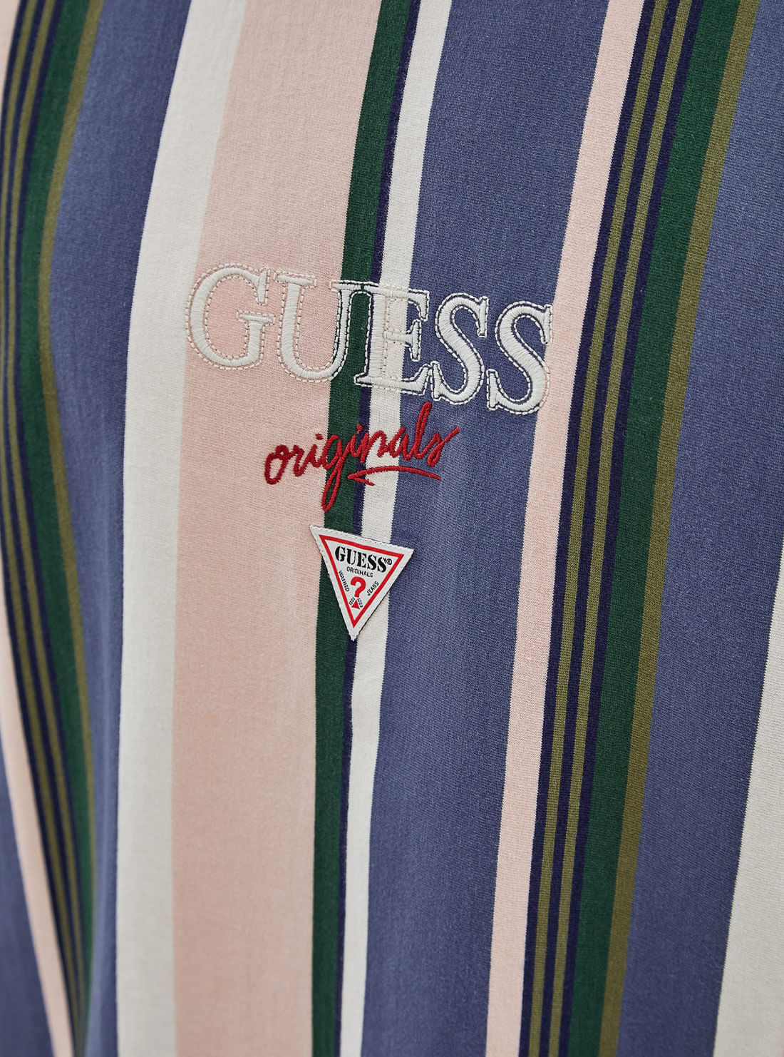 Guess Originals Blue Multi Stripe Logo T-Shirt for Men | Casual Cotton Short Sleeve Tee | Perfect for Everyday Wear, Street Style & Summer Outfits