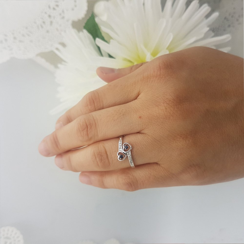 Dazzlingrock Blue Sapphire & White Diamond Double Heart Promise Ring for Women - Sterling Silver Bridal Jewelry - Perfect for Engagement, Wedding & Anniversary Gifts