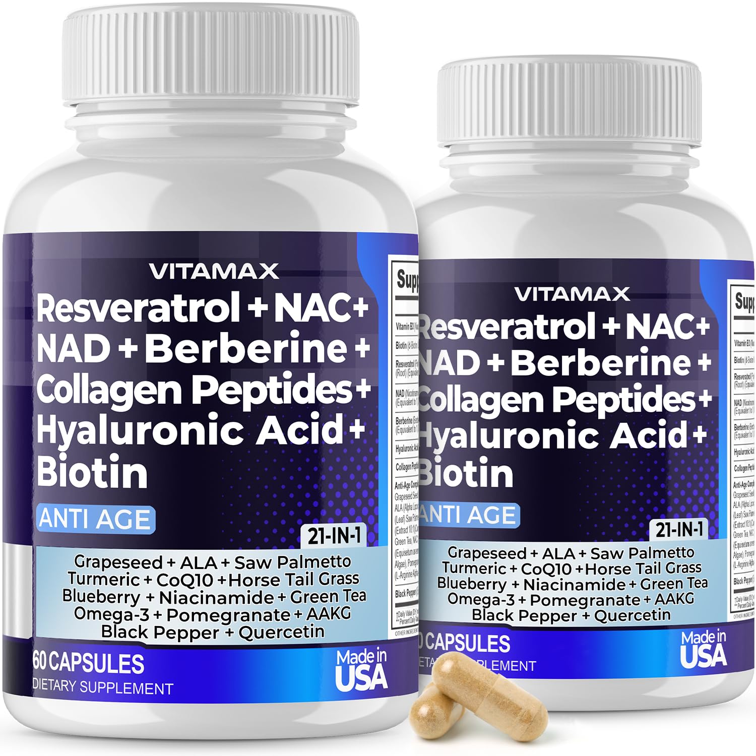 Premium Resveratrol NAD+ Berberine Supplement with Hyaluronic Acid, Biotin, Grape & Blueberry Extract + NAC - 21-in-1 Collagen Peptides Complex for Hair, Skin, Nail & Joint Support - Vegan Friendly Anti-Aging Formula for Women & Men - Made in USA (120 Capsules) - Perfect for Daily Wellness Routine & Active Lifestyle