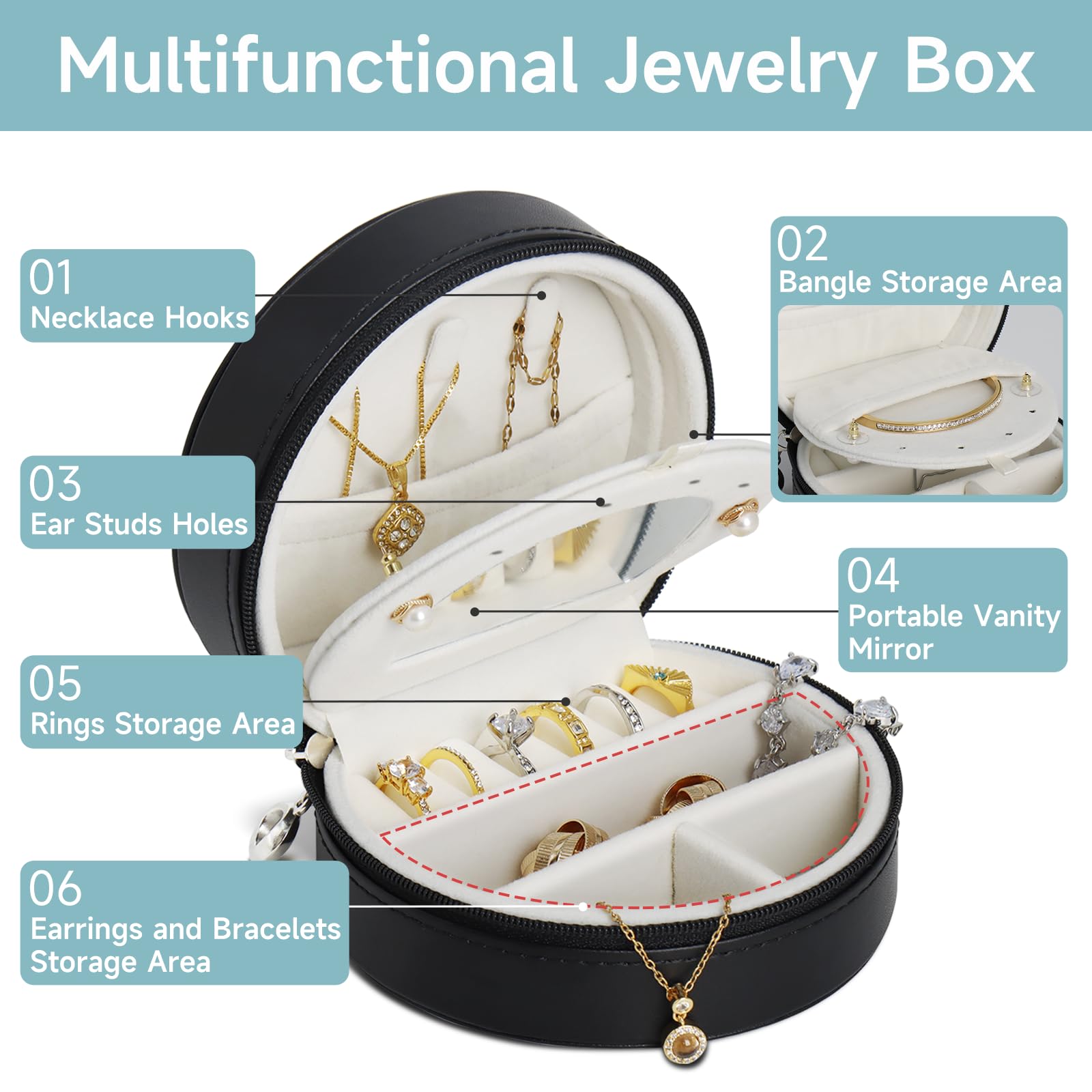 PU Leather Travel Jewelry Organizer Case for Women - Compact Jewelry Box with Mirror, Portable Jewelry Storage - Perfect for Travel, Birthday & Mother's Day Gifts | Great for Vacations, Business Trips & Daily Use