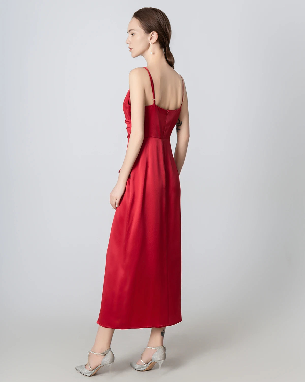 Elegant V-Neck High Slit Silk Maxi Dress for Women - Luxury Evening Gown for Parties, Weddings & Special Occasions