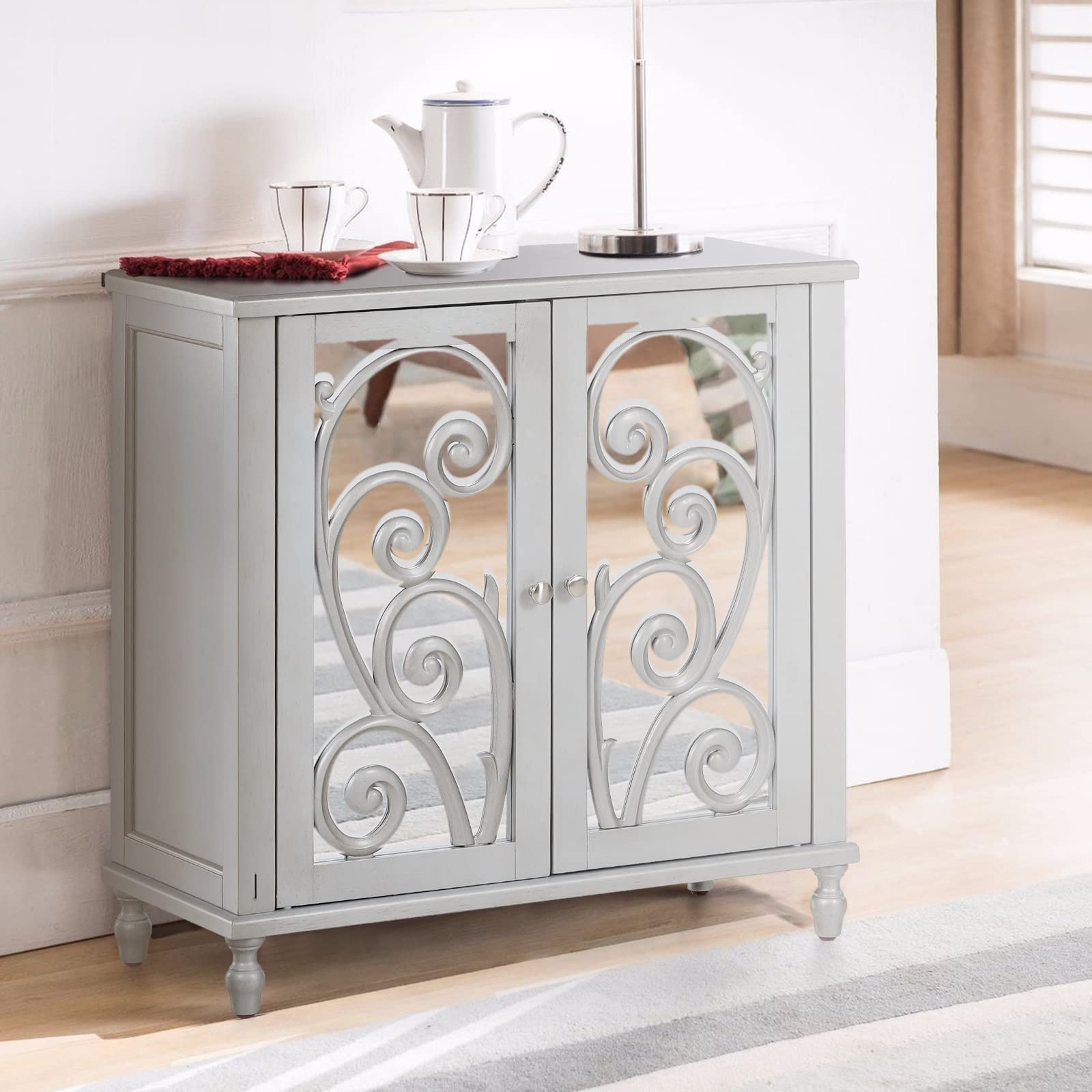 Sophia & William Modern Accent Storage Cabinet with Mirrored Doors - Adjustable Shelves Buffet Sideboard for Living Room, Dining Room - Perfect for Home Decor, Entryway Storage & Display Organizer