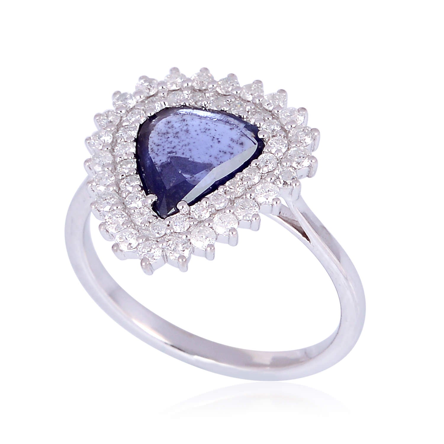 18K White Gold Prong Set Blue Sapphire and Pave Diamond Wedding Ring for Women - Perfect for Engagement, Anniversary, and Bridal Jewelry Gifts