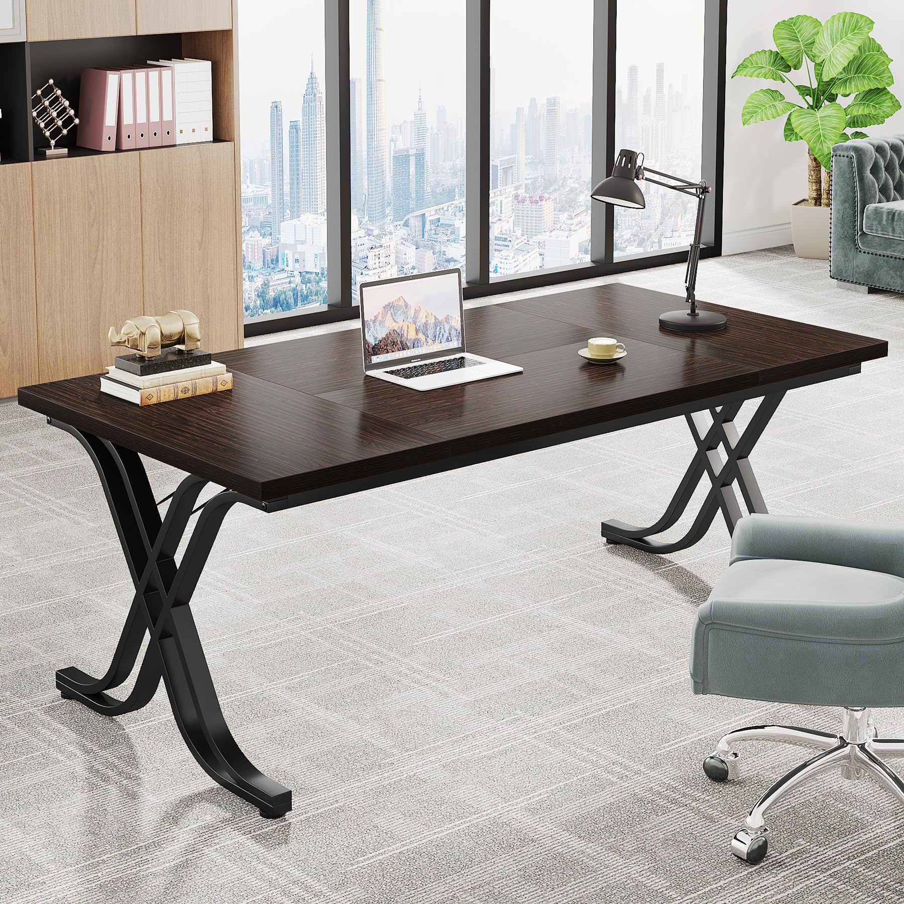 Tribesigns 63 Inch Executive Desk - Large Office Computer Desk with Thick Wooden Tabletop & Sturdy Metal Frame, Modern Minimalist Workstation for Home Office, Study & Writing (Walnut Brown) - Perfect for Remote Work, Online Classes & Home Office Setup