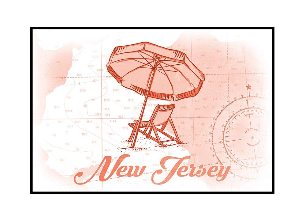New Jersey Beach Chair and Umbrella Coral Coastal Icon - 36x24 Framed Gallery Wrapped Canvas Wall Art - Perfect for Coastal Home Decor, Beach House, Living Room or Office