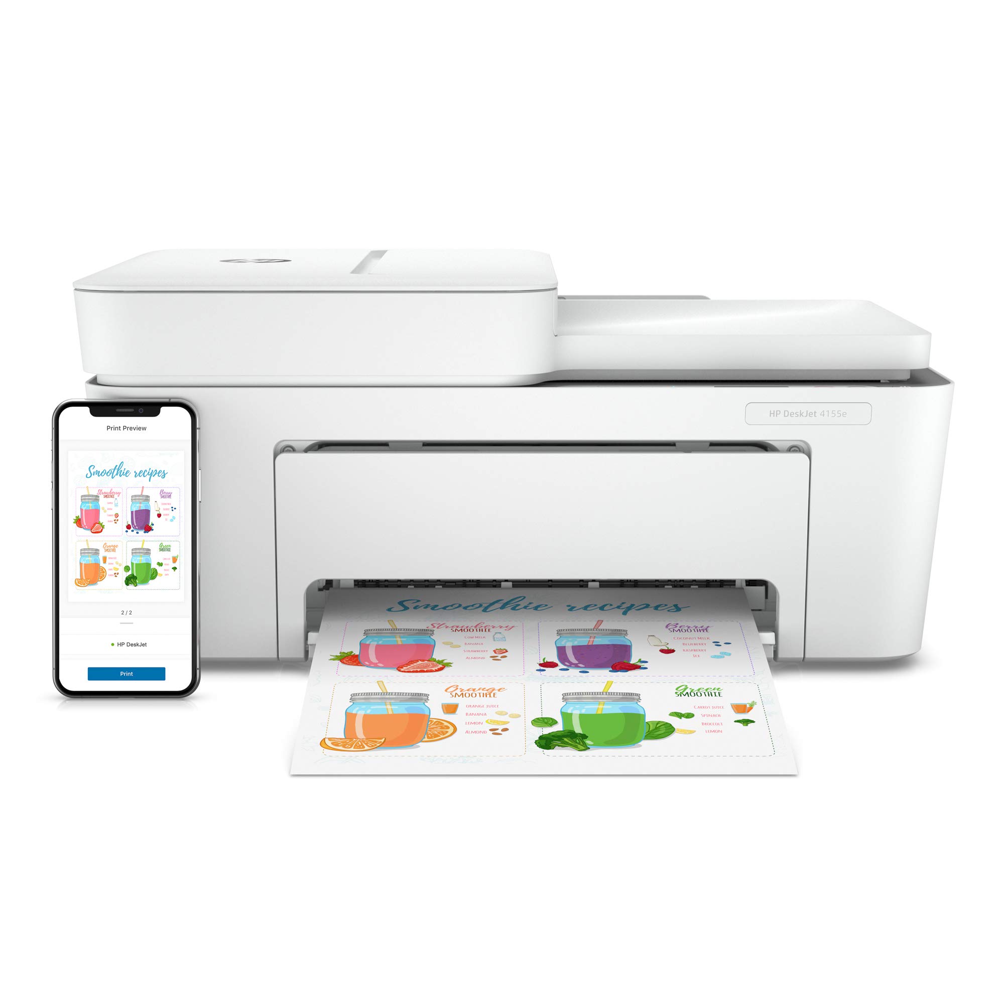 HP DeskJet 4155e Wireless Color Inkjet Printer - Print, Scan, Copy | Easy Setup & Mobile Printing | Ideal for Home & Small Office | Includes 3 Months Instant Ink | White | Perfect for Remote Work & Student Projects