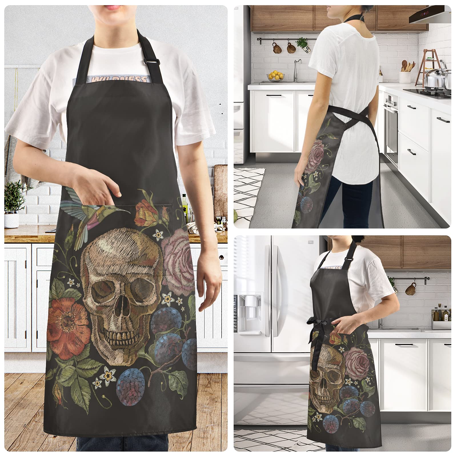 ALAZA Sugar Skull Floral Day of the Dead Waterproof Kitchen Apron with 2 Pockets - Perfect for Cooking, Baking, BBQ & Dishwashing - Great Gift for Mom, Girlfriend or Dad