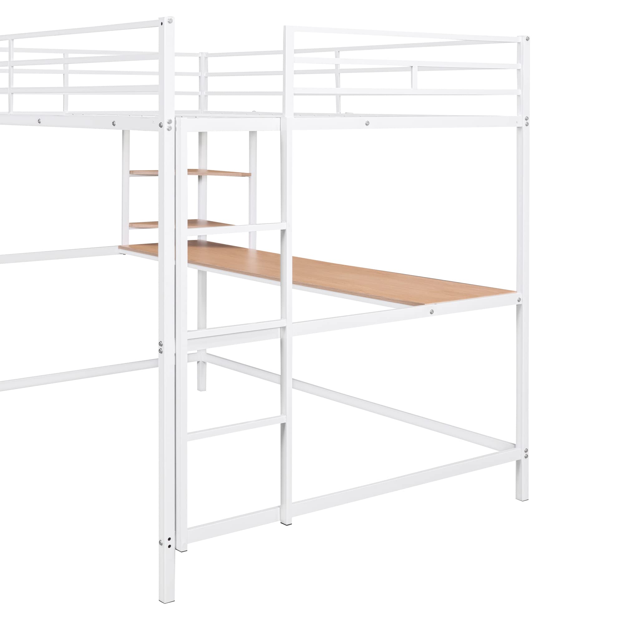 Full Size Loft Bed with Study Desk & Storage Shelves - Heavy Duty Metal Frame Loft Bed for Kids & Teens - Space Saving Design with Safety Guardrail - Perfect for Small Bedrooms, Dorms & Studio Apartments (White)