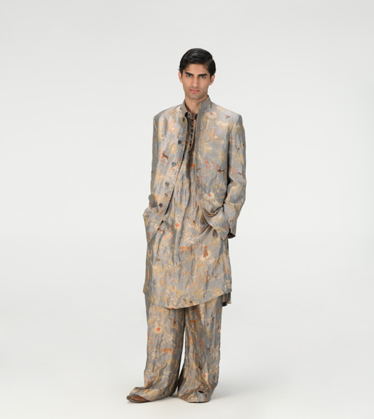 Bullet Kurta Silk Brocade Monsoon Cloud - Elegant Indian Traditional Wear for Men | Perfect for Festivals, Weddings & Special Occasions
