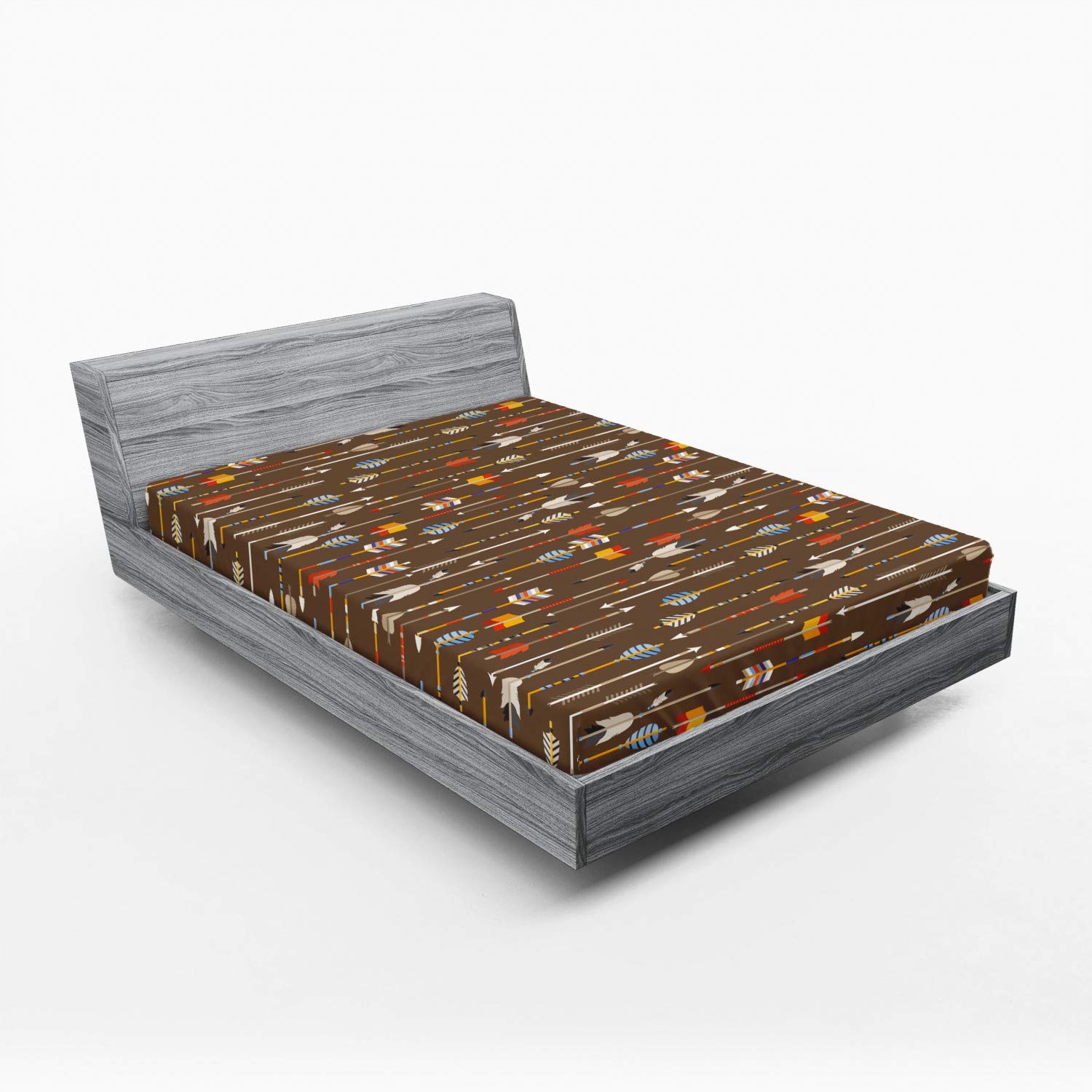 Ambesonne Tribal Queen Size Fitted Sheet - Eastern Style Brown Backdrop with Colorful Arrows Design | Deep Pocket All-Around Elastic Bed Cover | Perfect for Boho, Ethnic & Tribal Themed Bedrooms