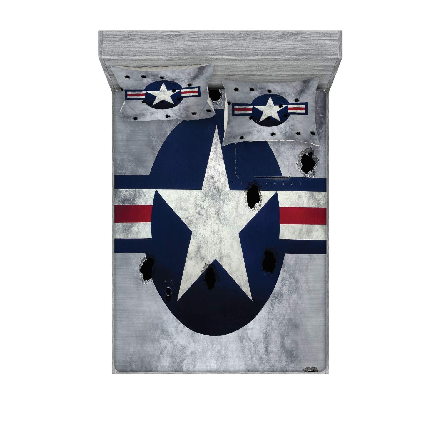 Ambesonne Airplane Printed 3-Piece Bedding Set - King Size Fitted Sheet & Pillow Shams with Star Circle Stripes Design in Red Grey Blue | Grunge Effect Aircraft Theme for Boys Room, Aviation Enthusiast Bedroom Decor