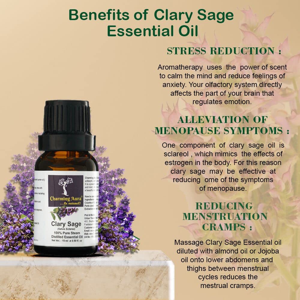 Organic Clary Sage Essential Oil - 15ml Steam Distilled, Pure & Natural for Aromatherapy, Relaxation & Skin Care - Perfect for Diffusers, Massage & DIY Beauty Products