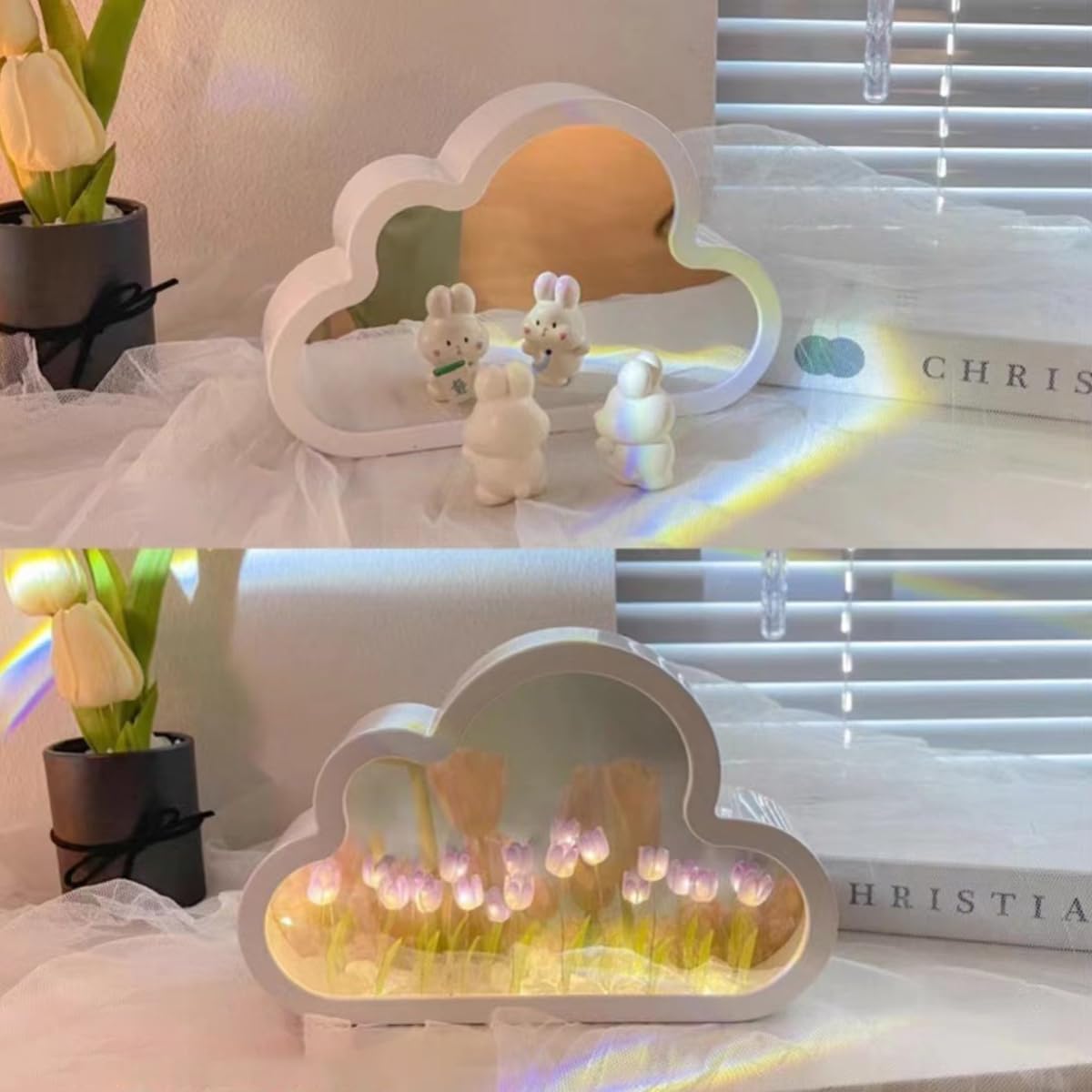 DIY Cloud Tulip Night Light - Romantic LED Table Lamp for Bedroom Decor, Purple Tulip Mirror Night Light for Home, Kids Room & Nursery - Perfect Bedside Lamp for Relaxation & Sleep Aid