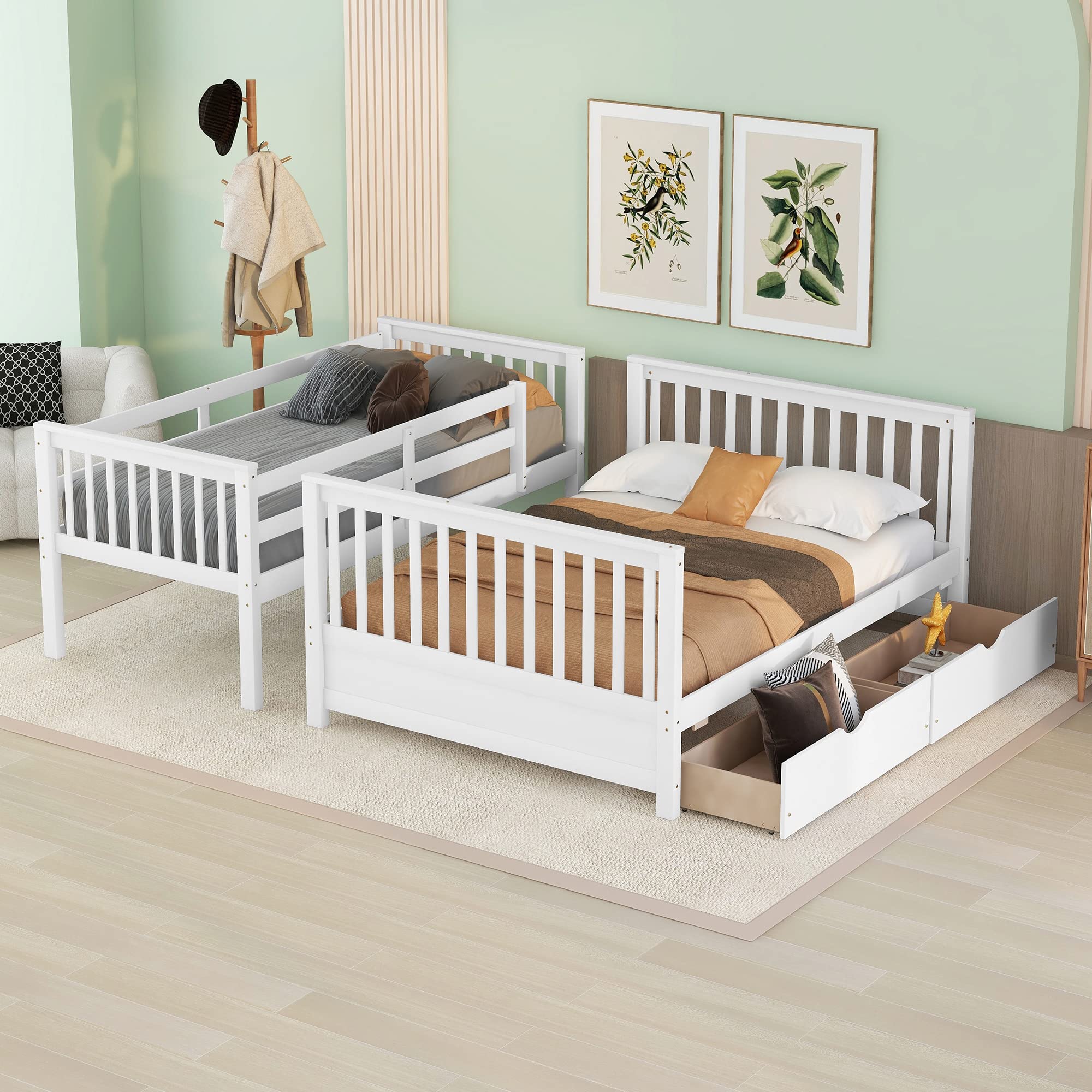 P PURLOVE Twin Over Full Bunk Bed with Storage - Wood Frame for Kids & Teens - Space Saving Bedroom Solution