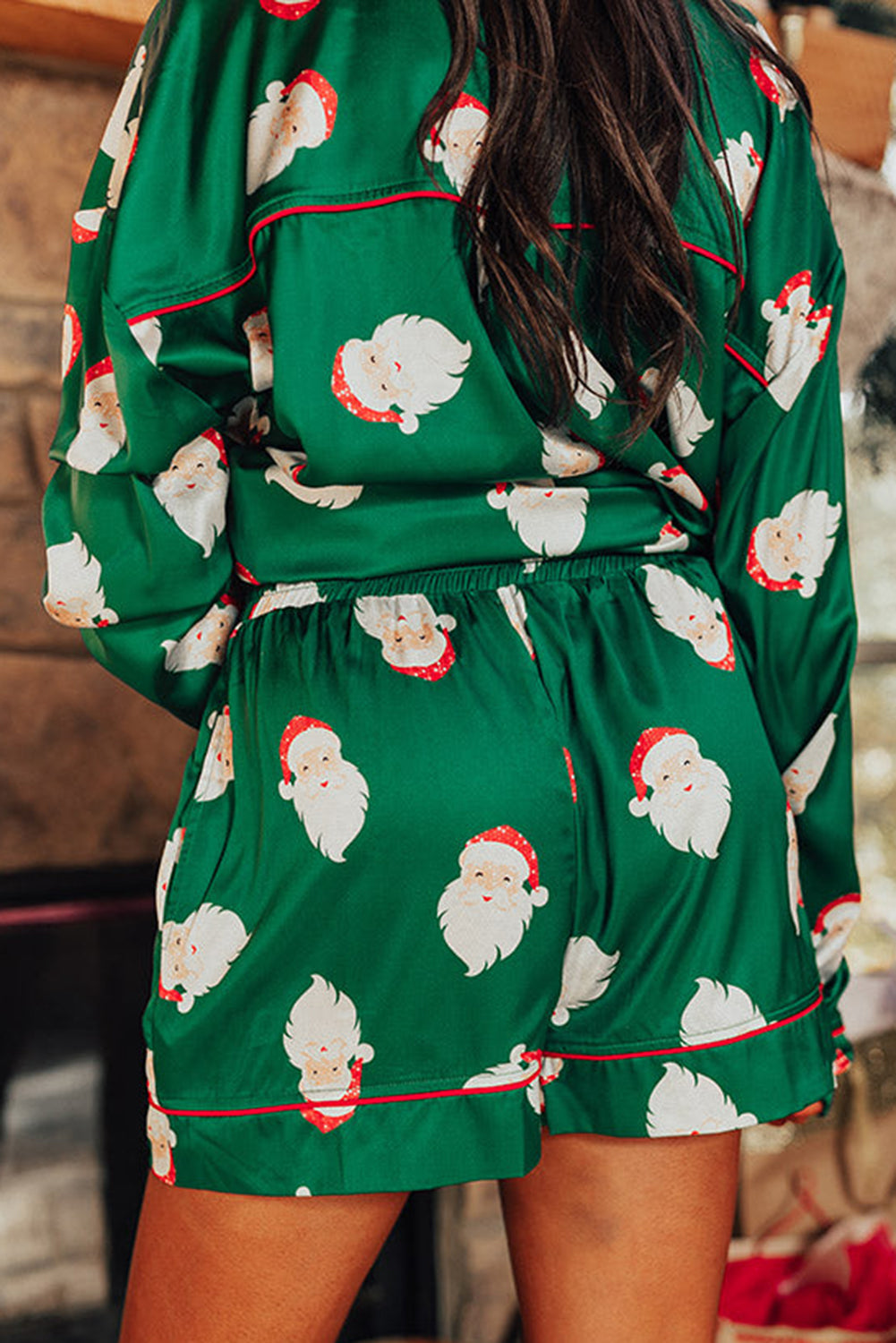 Santa Collared Neck Long Sleeve Top and Shorts Lounge Set - Christmas Pajama Set for Women, Cozy Holiday Sleepwear, Perfect for Family Gatherings & Festive Photos