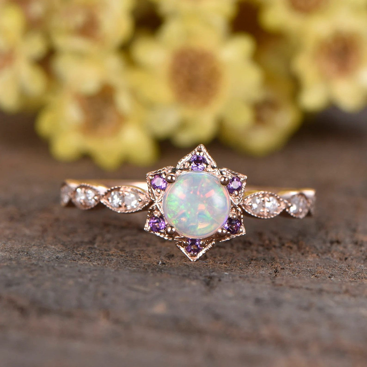 0.5 Carat Round Cut Opal & Amethyst Halo Engagement Ring in Rose Gold - Elegant Dainty Jewelry for Wedding, Proposal & Anniversary Gifts