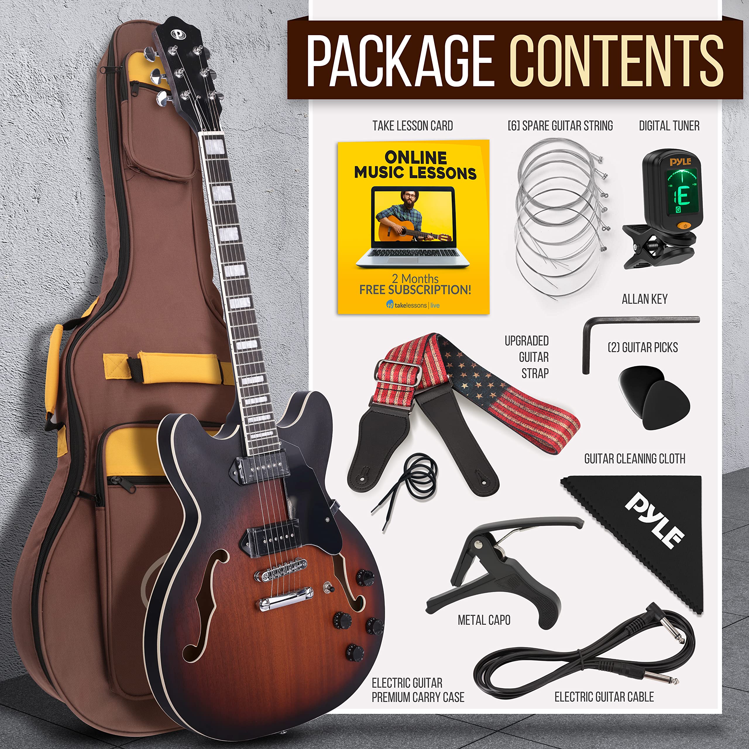 Pyle Semi Hollow Body Electric Guitar Kit - 6 String Jazz Style Full Size (41.8