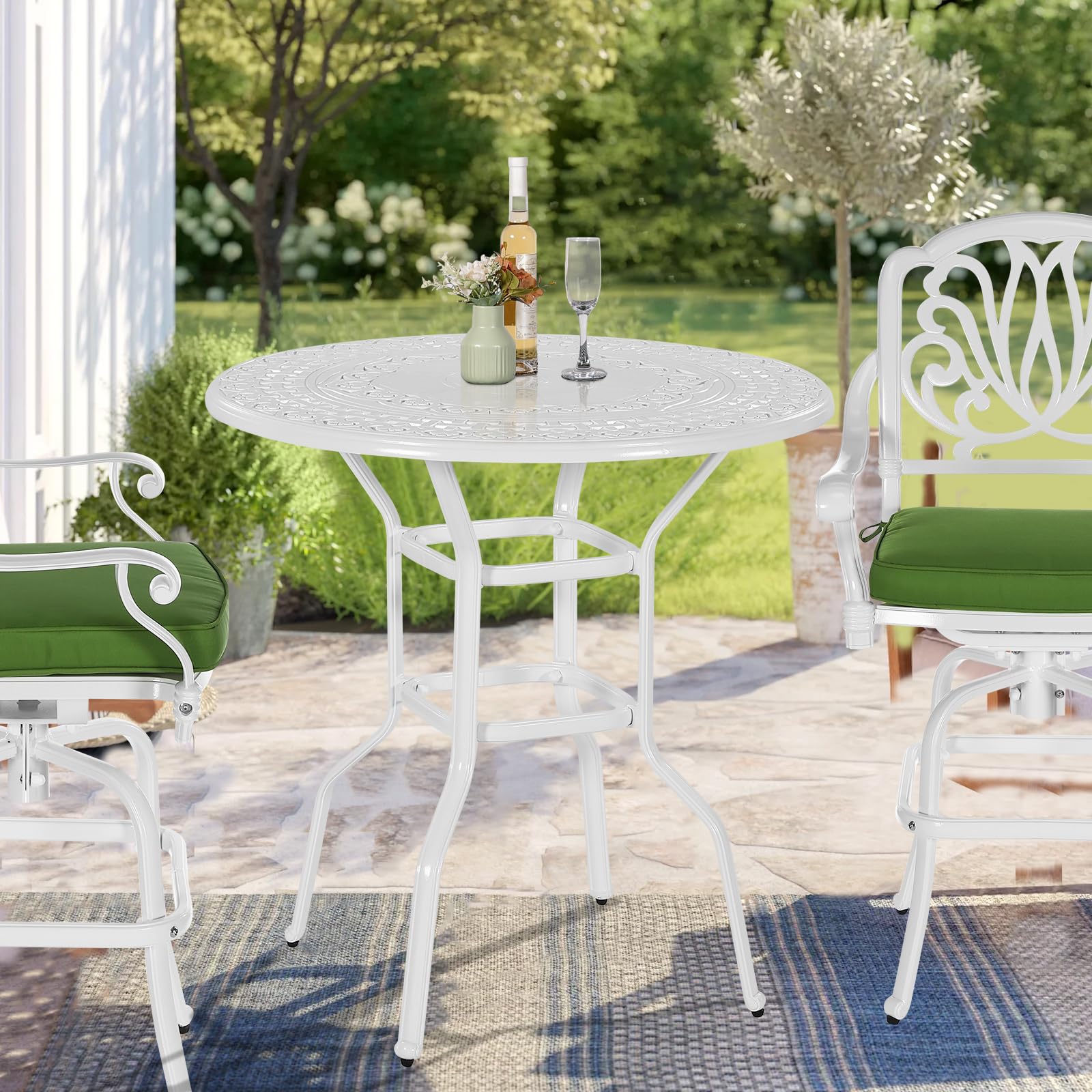 VIVIJASON 38.5 Inch Outdoor Patio Bar Table - All-Weather Cast Aluminum Round Bistro Table with Umbrella Hole for Balcony, Garden, Backyard - Perfect for Outdoor Dining, Entertaining & Relaxing (White)