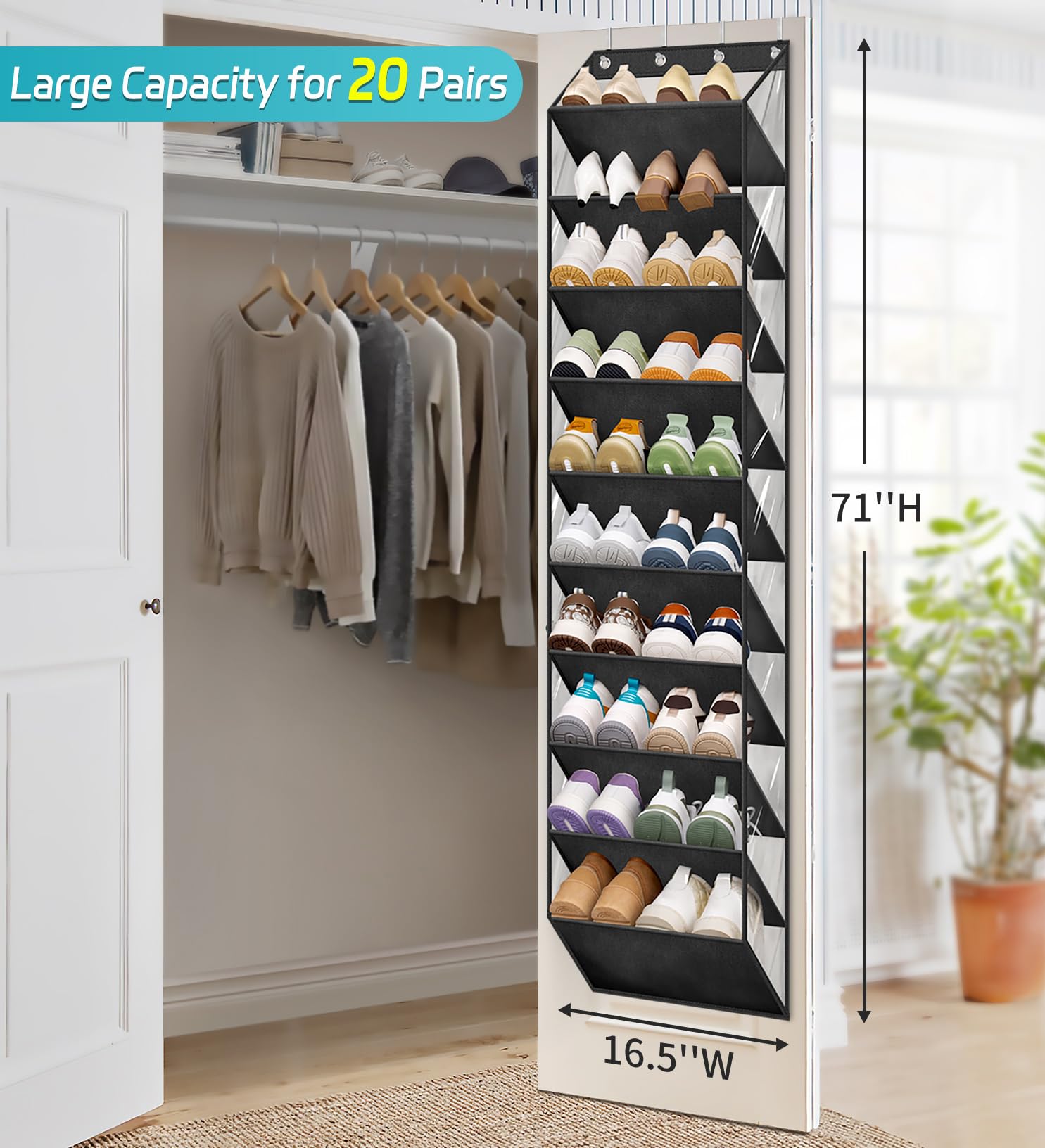 AOODA 10-Tier Clear Over The Door Shoe Organizer - Large Hanging Shoe Rack with Deep Pockets for Sneakers, Boots & Sandals - Fits 20 Pairs - Space Saving Closet Storage Solution for Bedroom, Dorm & Apartment (Black)