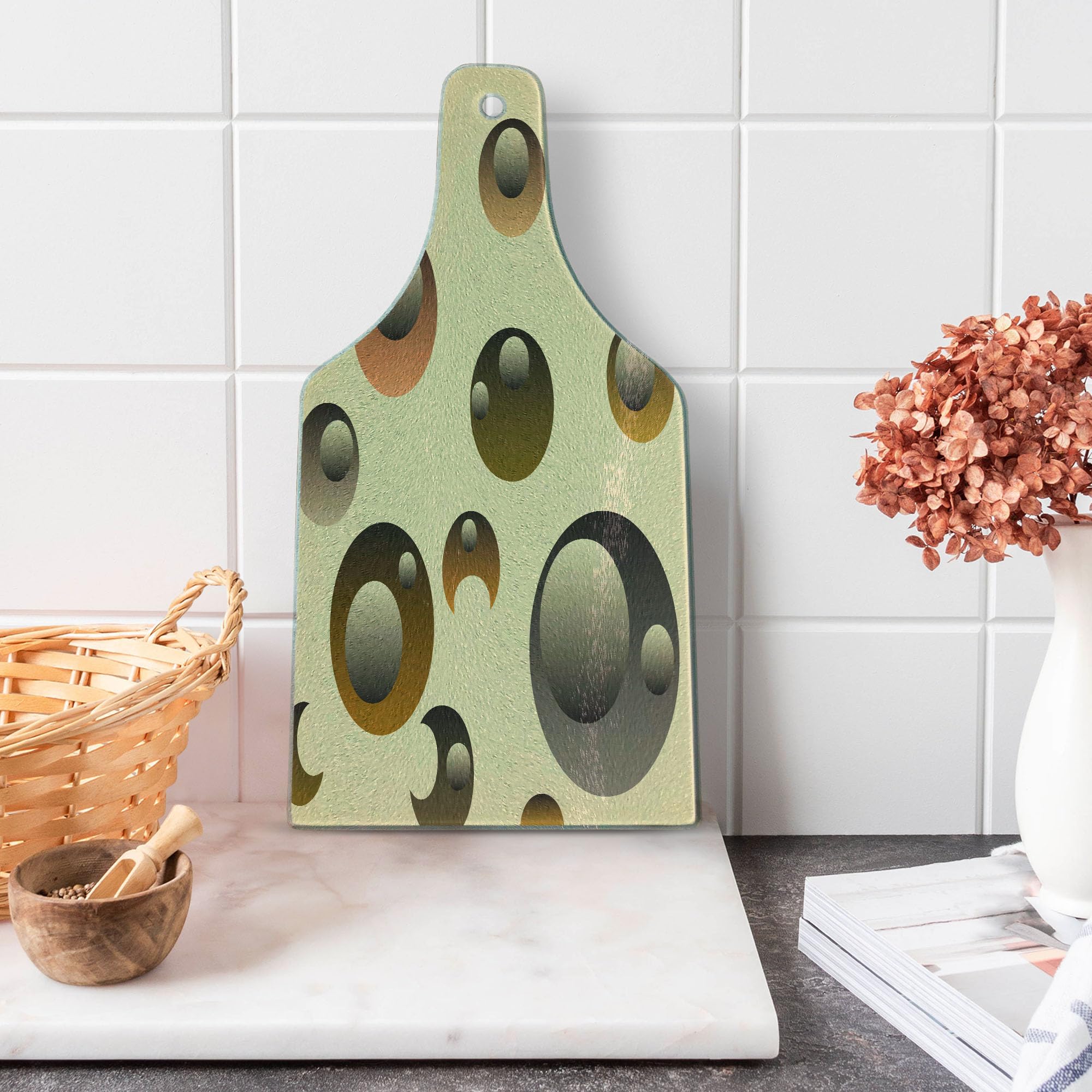 Ambesonne Retro Round Glass Cutting Board - Funky Bubbles Abstract Design, Tempered Glass Serving Board for Kitchen & Entertaining, Wine Bottle Shape in Cream Grey Caramel Colors - Perfect for Cheese Platters, Charcuterie & Party Appetizers