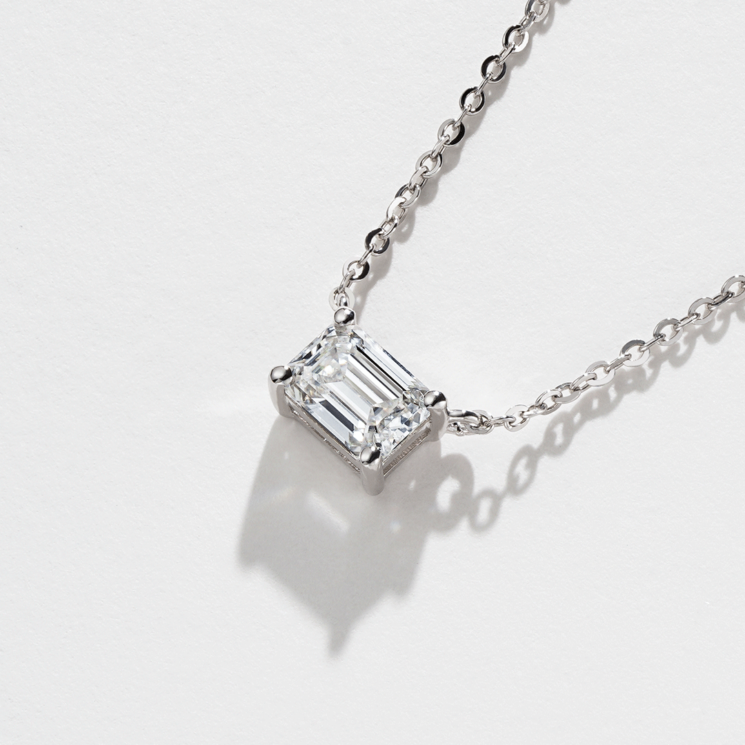 East West Emerald Cut Moissanite Solitaire Necklace | Dainty Gold Pendant for Women | Perfect for Weddings, Anniversaries & Everyday Elegance