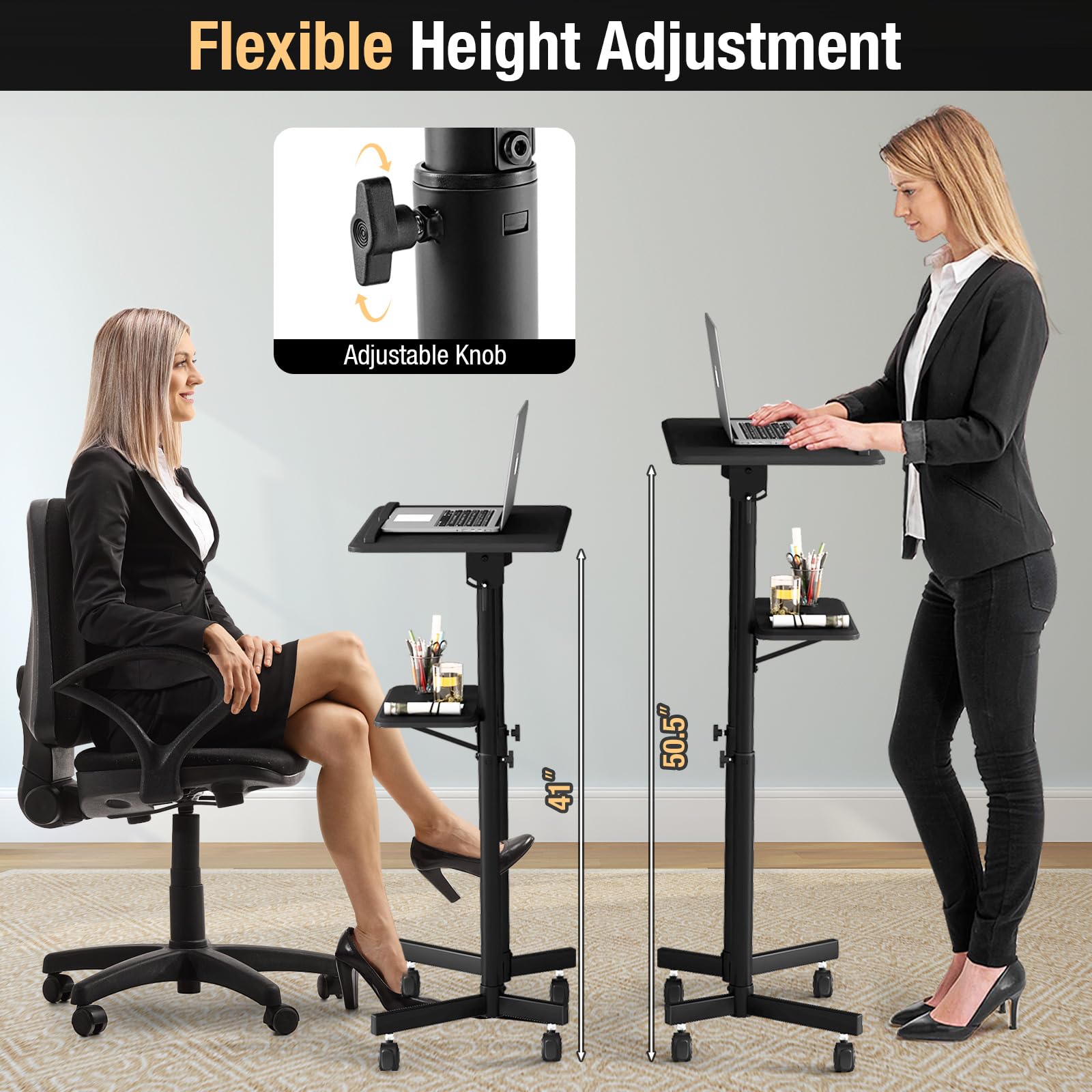 Giantex Adjustable Mobile Laptop Podium Stand - Rolling Height-Adjustable Standing Desk with Storage Tray & Tilting Desktop - Perfect for Home Office, Classroom, Church Lectern & Conference Presentations - Black