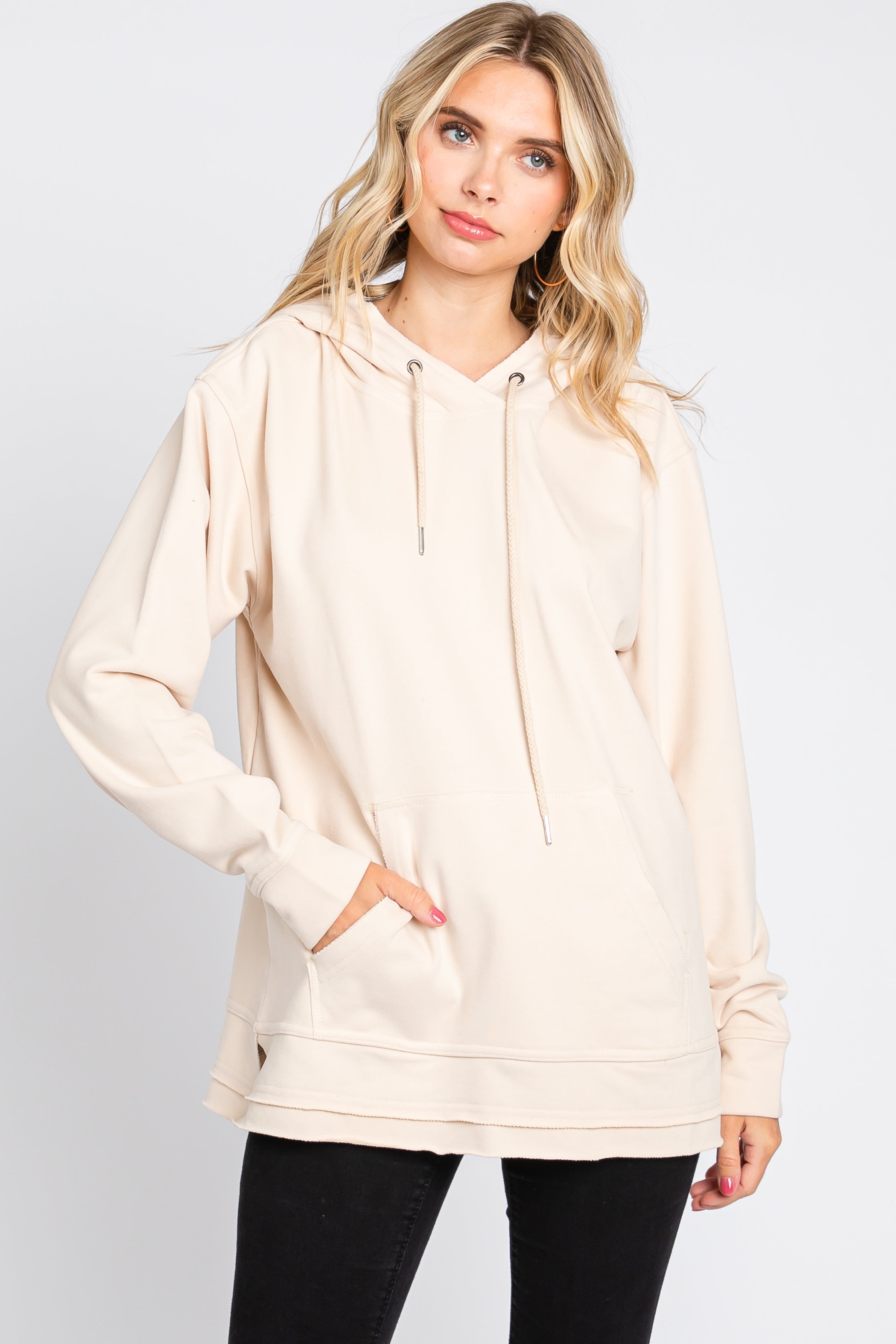 Beige Raw Hem Maternity Hooded Sweatshirt - Soft Cotton Oversized Pullover for Pregnant Women | Perfect for Casual Wear, Pregnancy Photos & Relaxing at Home