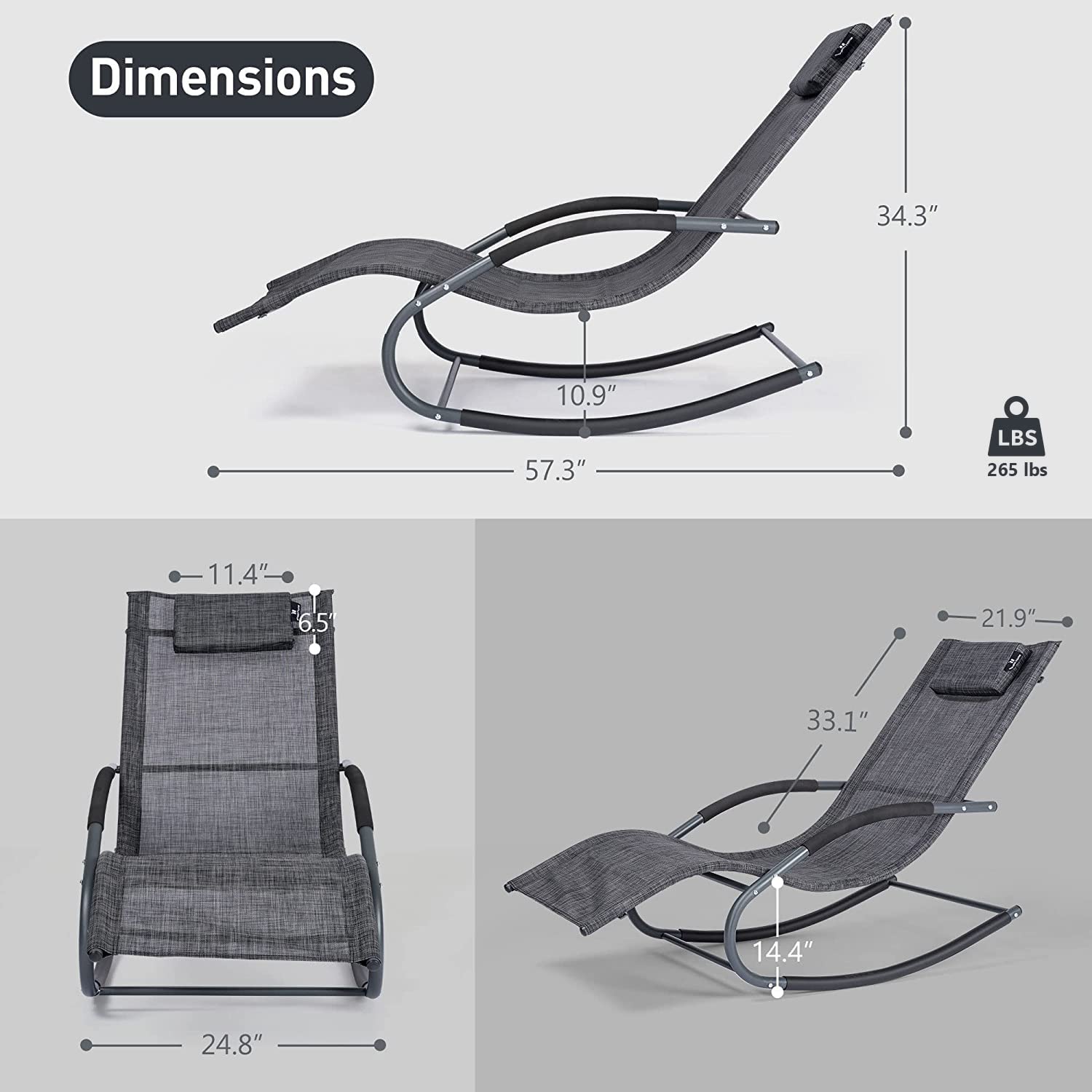 Premium Outdoor Lounge Chairs with Removable Cushions - Set of 2 Dark Grey Poolside Chaise Lounges - Perfect for Backyard, Patio, Beach & Pool Relaxation