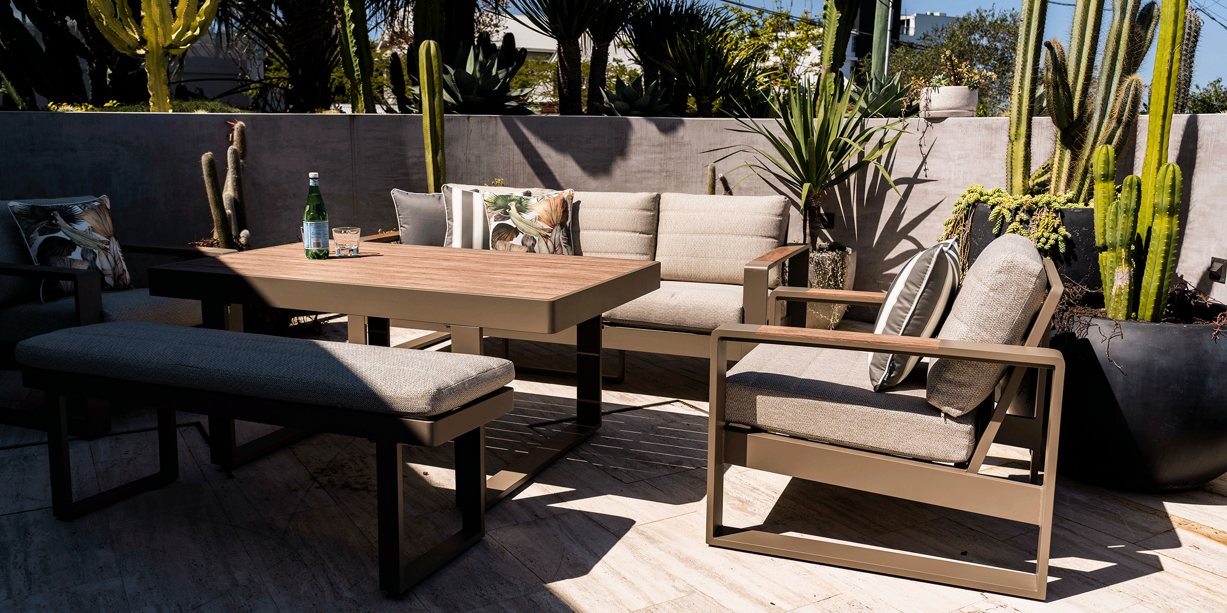 Positano 5-Piece Outdoor Patio Lounge Set in Taupe with Durable Polywood Frame & Latte Check Spun Polyester Cushions - Perfect for Backyard, Poolside or Garden Relaxation