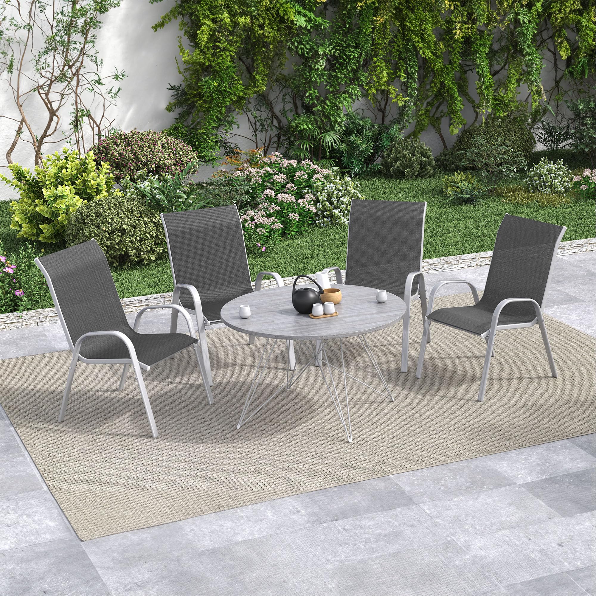 **Amopatio 4-Piece Stackable Patio Chairs Set – All-Weather Outdoor Dining Chairs, Breathable & Comfortable Silver Garden Furniture for Backyard, Deck, Poolside – Dark Grey**    *(Perfect for outdoor dining, BBQs, poolside relaxation, and garden gatherings)*