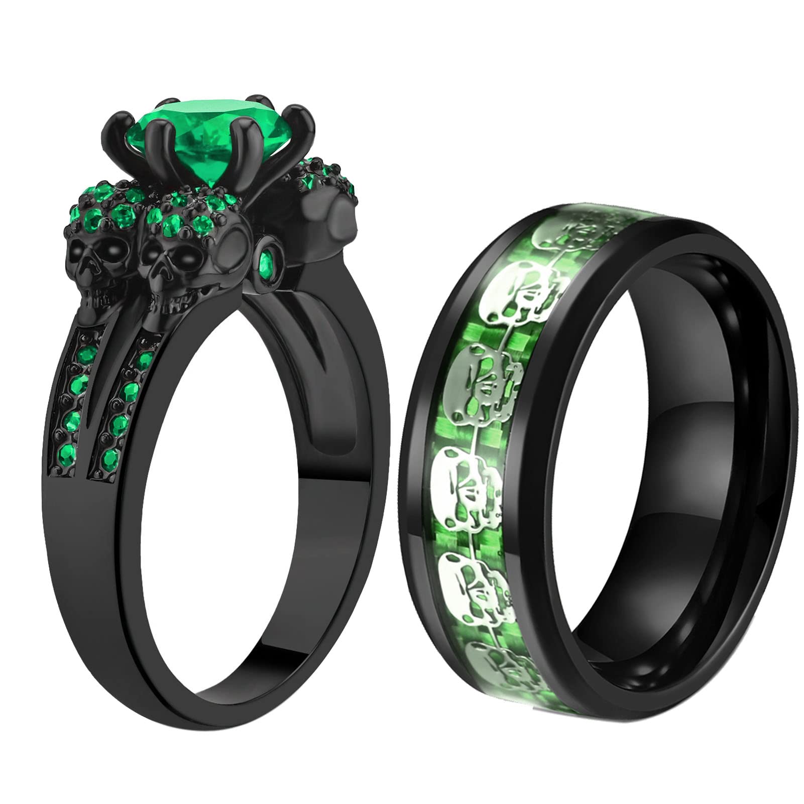 Matching Couple Skull Rings with Green CZ Stones - Gothic Wedding Band Set for Him and Her - Perfect for Anniversaries, Engagements, and Alternative Weddings
