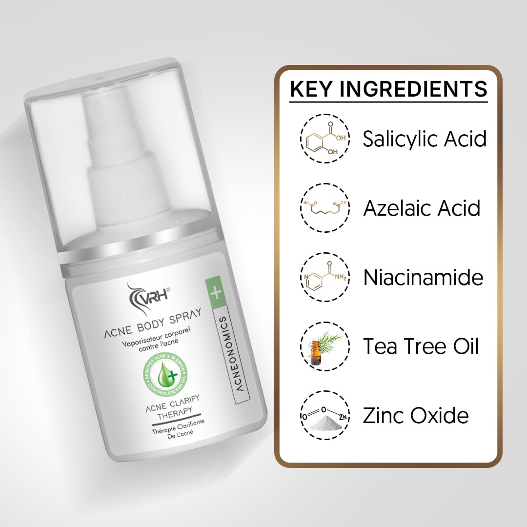 VRH Acne Control Body Spray - Triple Acid Blend (Salicylic, Azelaic & Mandelic Acids) with Niacinamide & Tea Tree Oil | Zinc Oxide Protection | Soothes Skin with Seaweed & Tazetta Bulb | Clarifying Treatment for Clearer Skin at All Ages | 50ml | Perfect for Post-Workout, Travel & Daily Skincare Routine